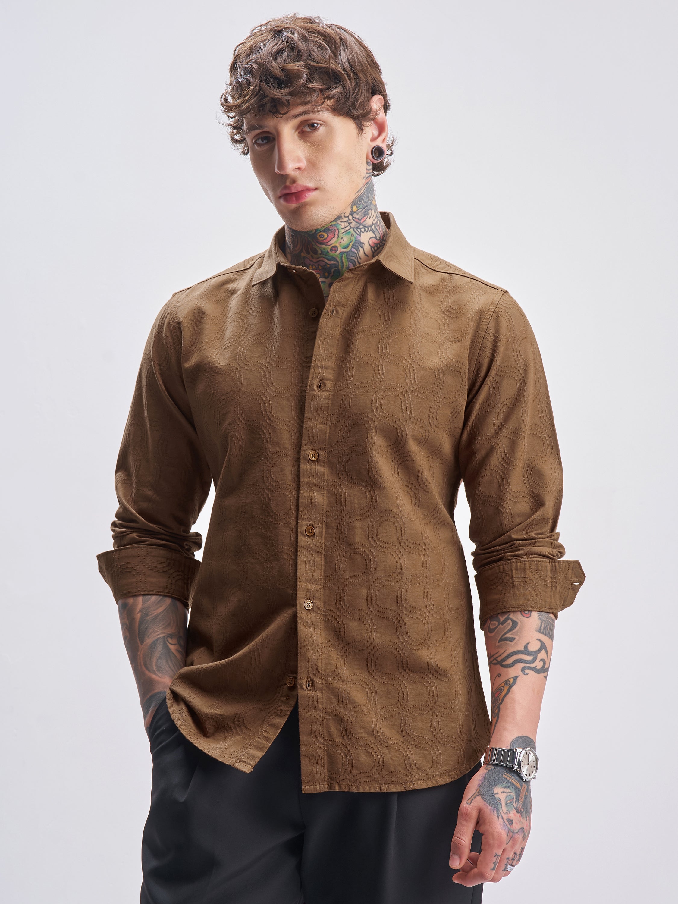 Highlander Men Brown Self Design Slim Fit Casual Shirt - Brown - Image 1