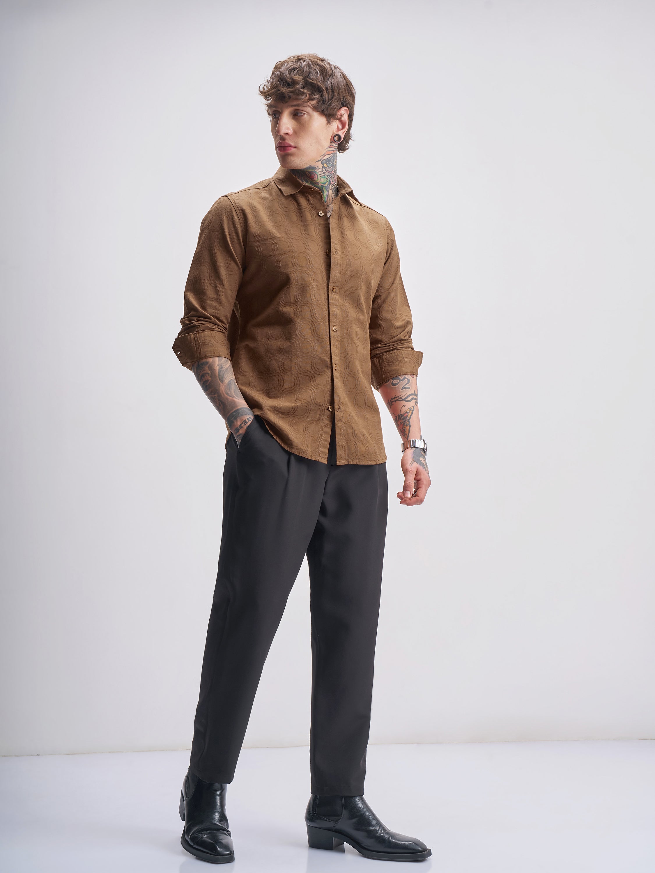 Highlander Men Brown Self Design Slim Fit Casual Shirt - Brown - Image 2