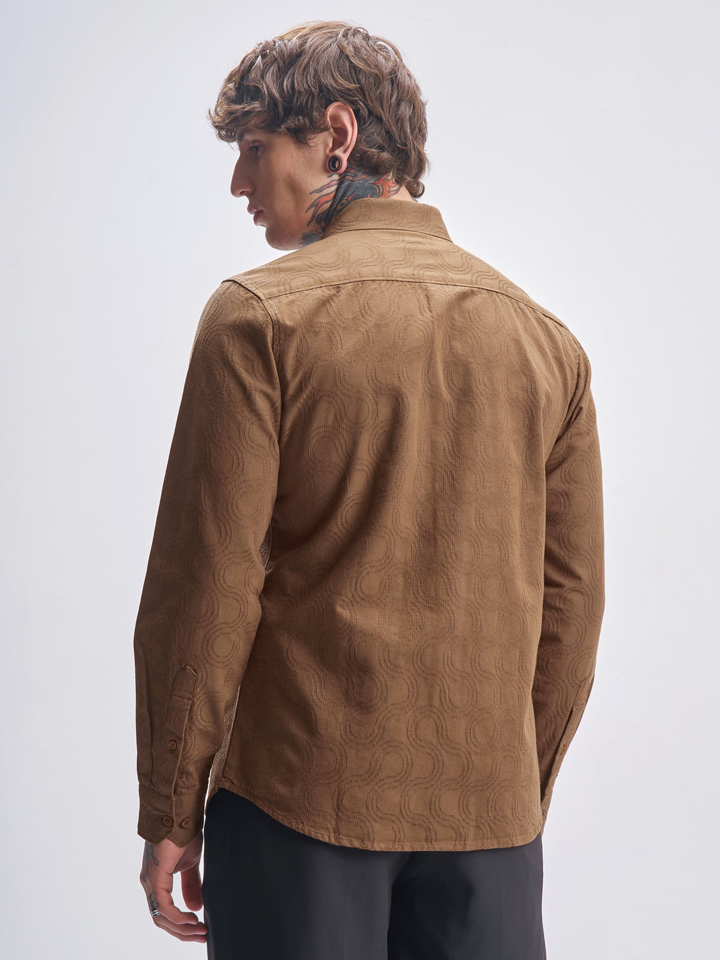 Highlander Men Brown Self Design Slim Fit Casual Shirt - Brown - Image 3