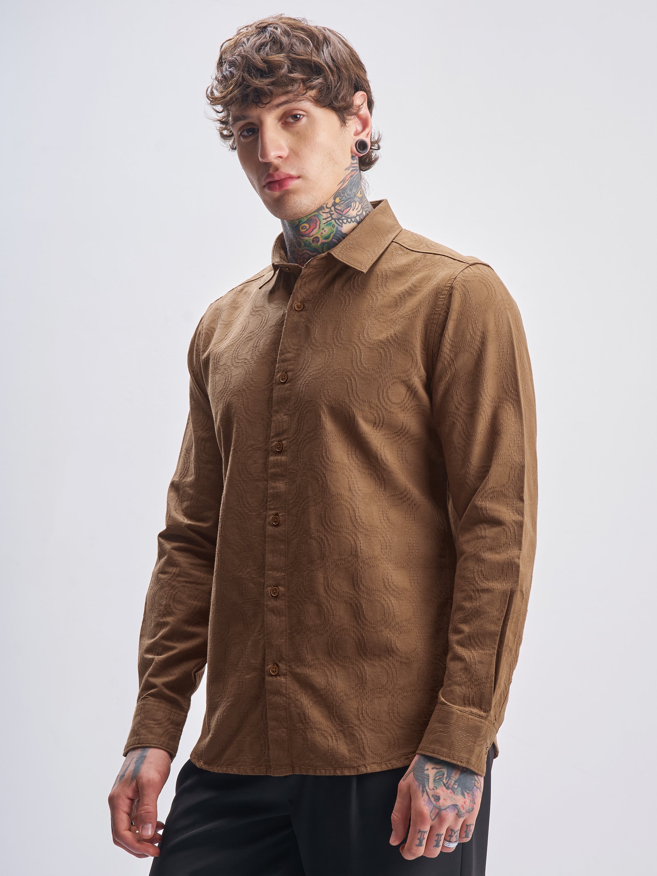 Highlander Men Brown Self Design Slim Fit Casual Shirt - Brown - Image 4