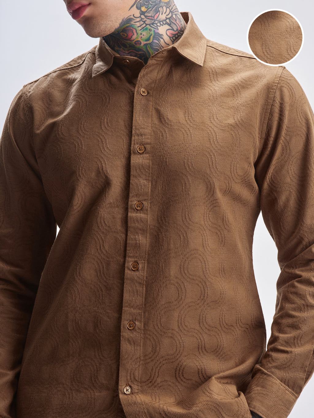 Highlander Men Brown Self Design Slim Fit Casual Shirt - Brown - Image 5