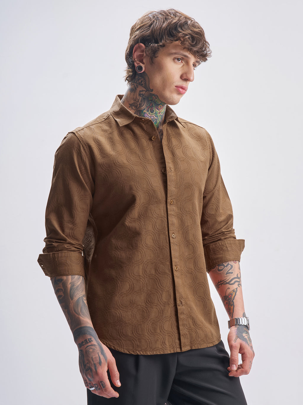 Highlander Men Brown Self Design Slim Fit Casual Shirt - Brown - Image 6