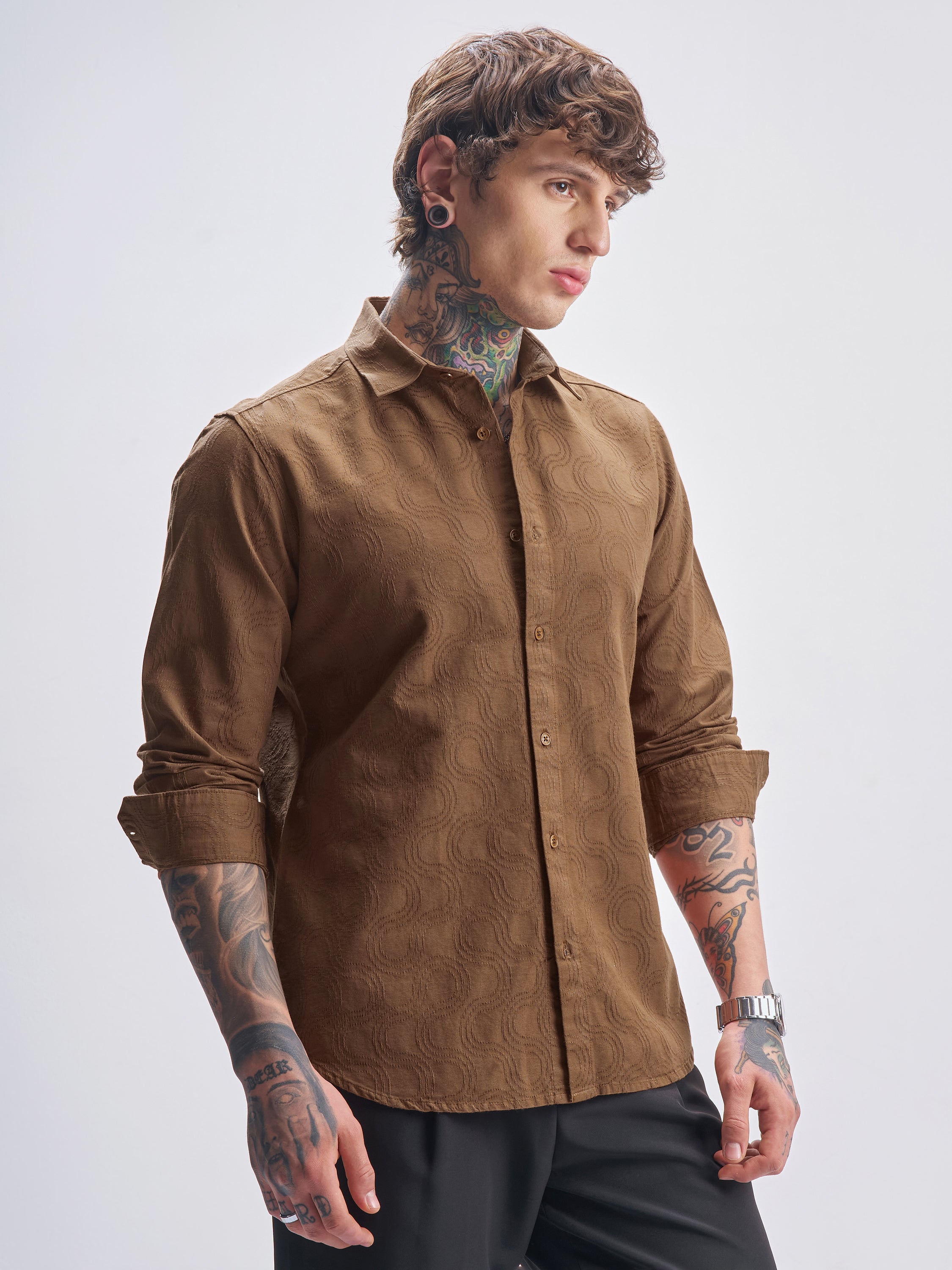 Highlander Men Brown Self Design Slim Fit Casual Shirt - Brown - Image 6