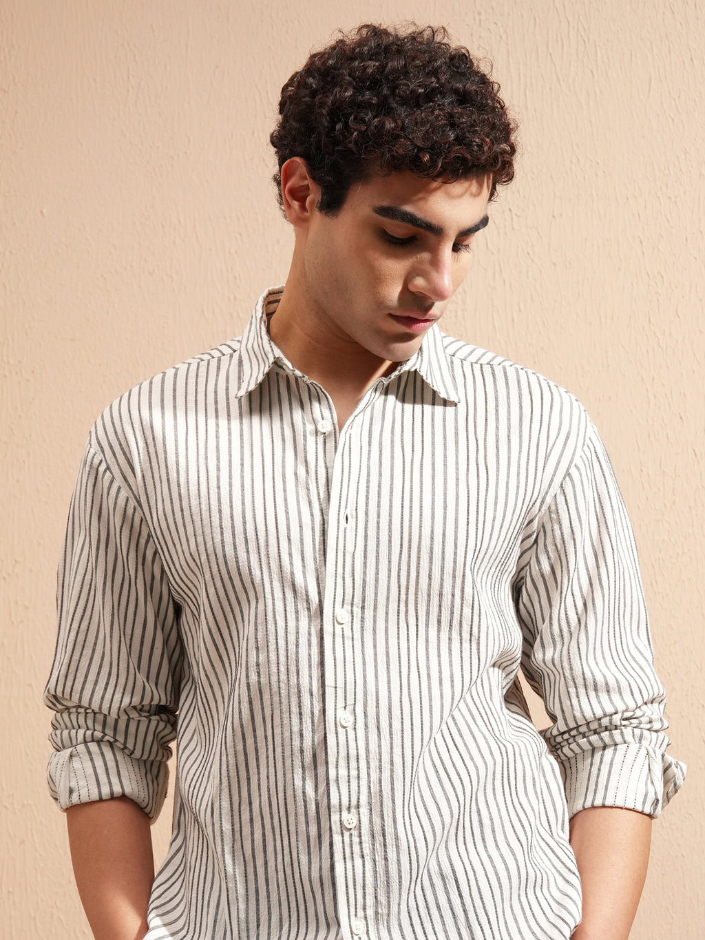 Highlander Men Cream Striped Relaxed Fit Casual Shirt - Cream - Image 1