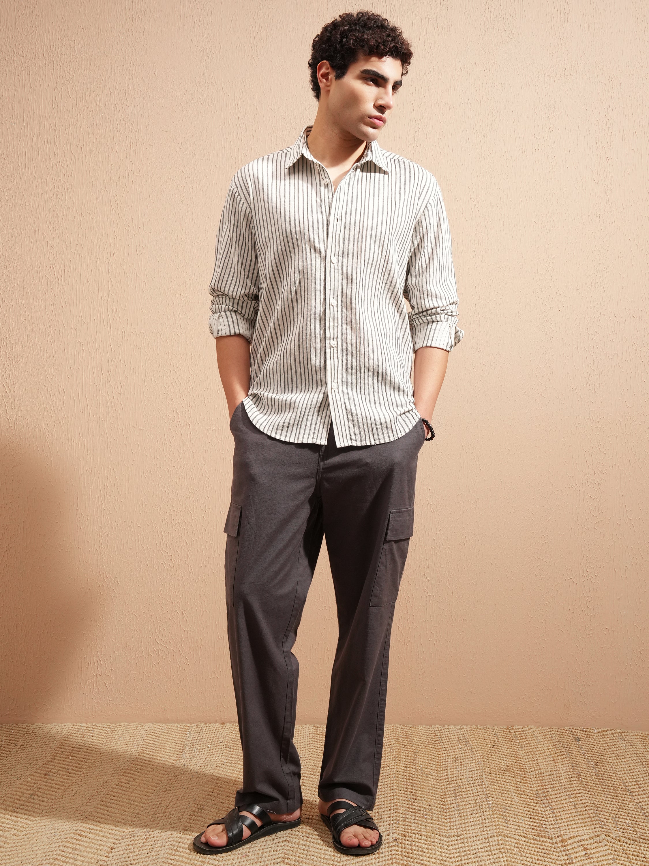 Highlander Men Cream Striped Relaxed Fit Casual Shirt - Cream - Image 2