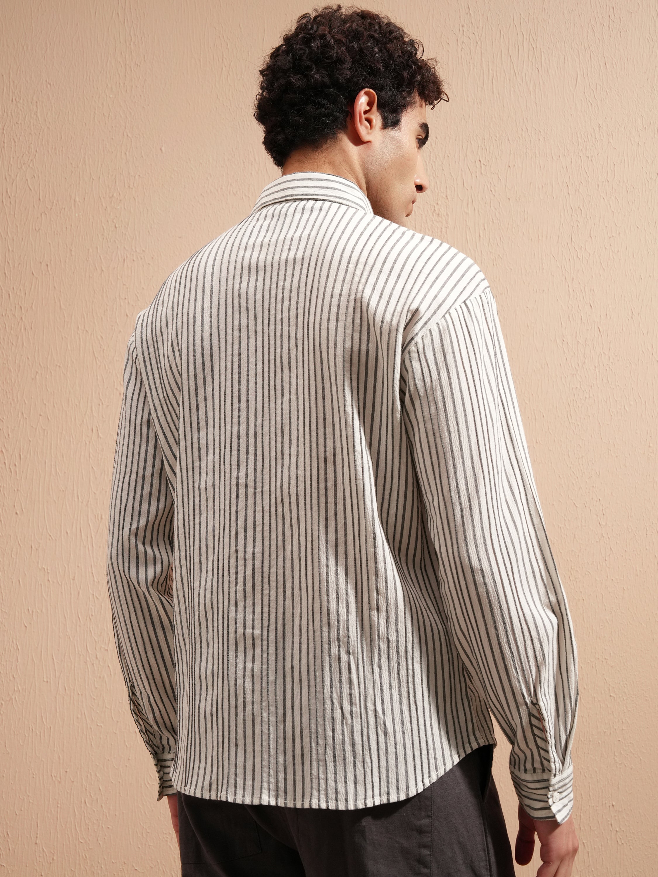 Highlander Men Cream Striped Relaxed Fit Casual Shirt - Cream - Image 3