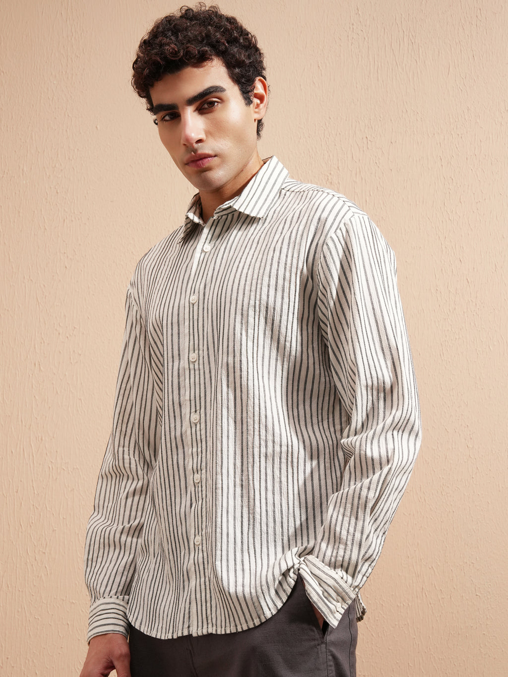 Highlander Men Cream Striped Relaxed Fit Casual Shirt - Cream - Image 4