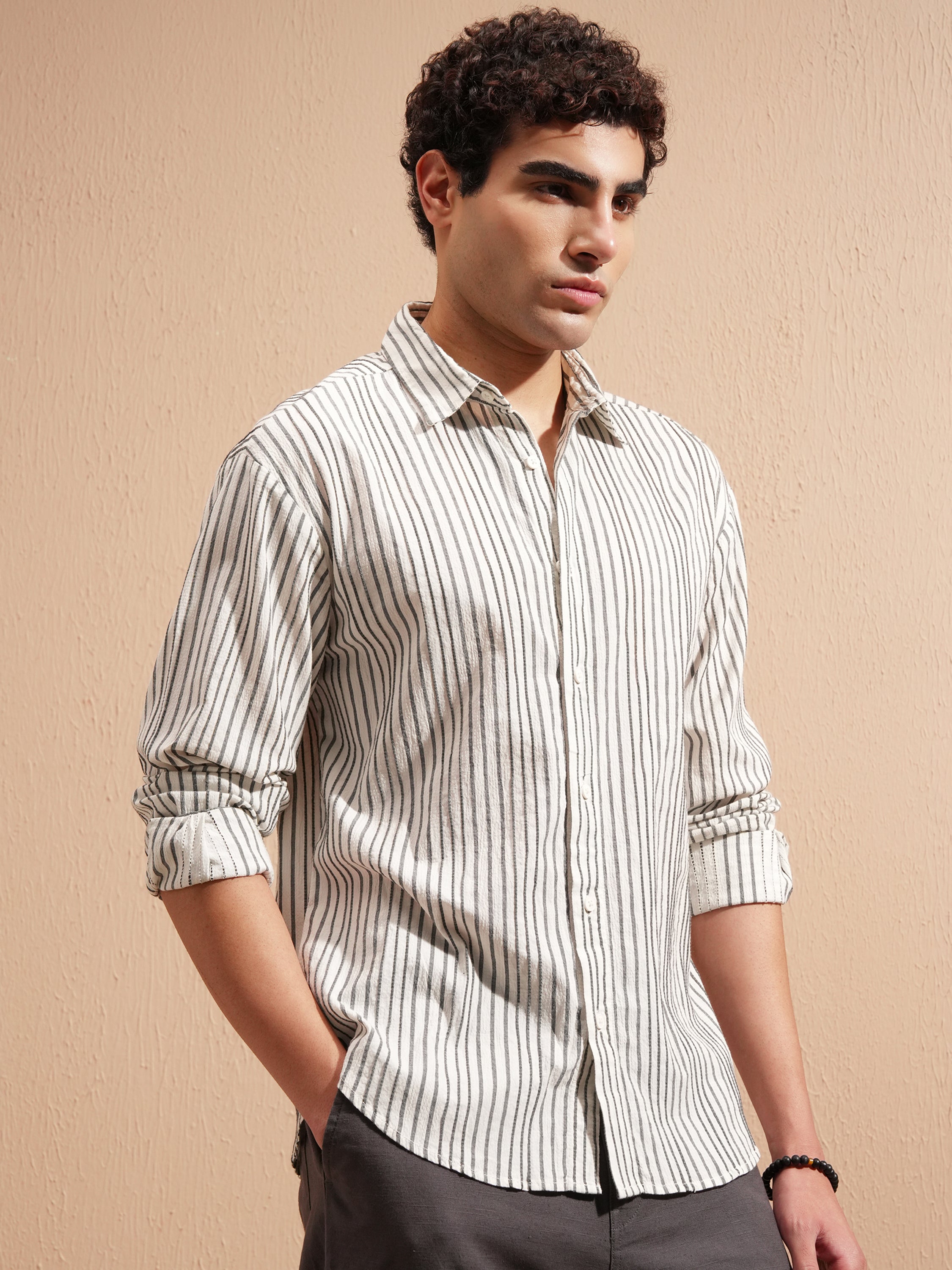 Highlander Men Cream Striped Relaxed Fit Casual Shirt - Cream - Image 6