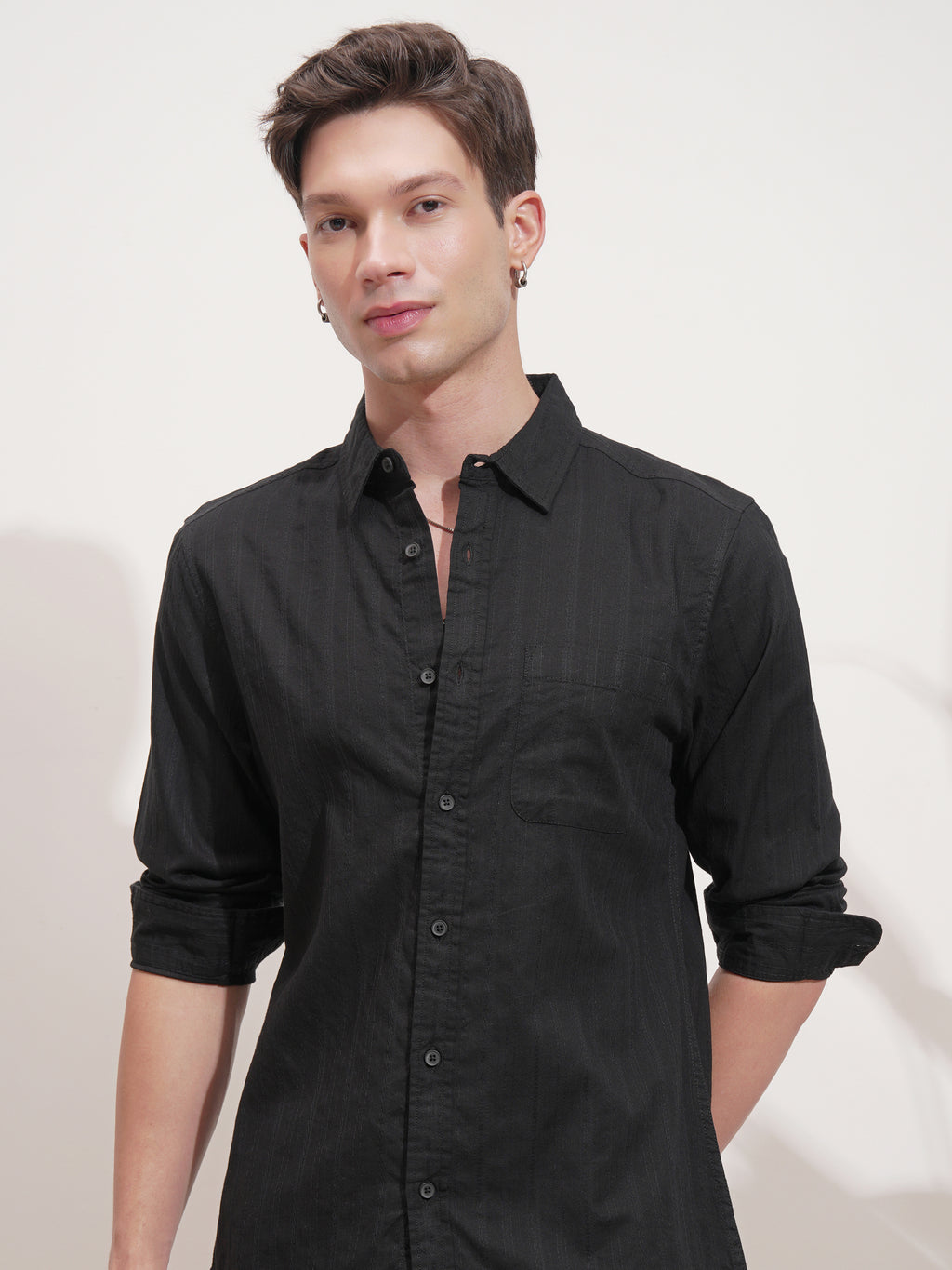 Highlander Men Black Self Design Slim Fit Casual Shirt - Black - Image 1
