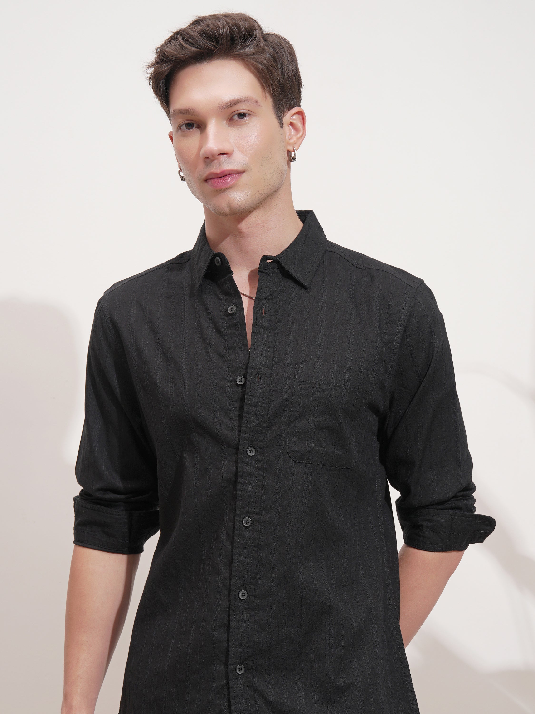 Highlander Men Black Self Design Slim Fit Casual Shirt - Black - Image 1