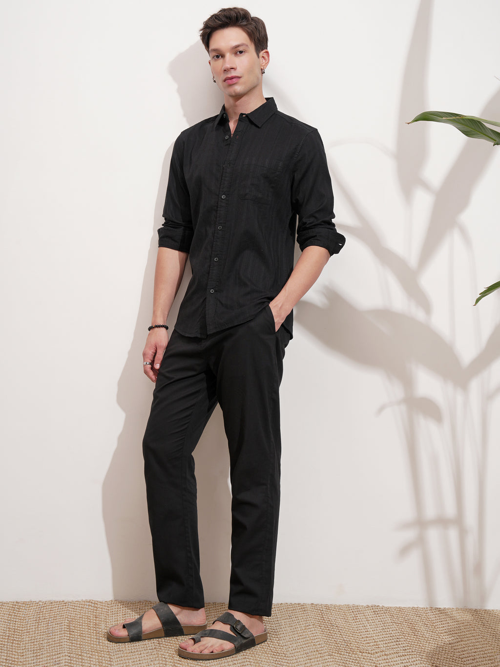 Highlander Men Black Self Design Slim Fit Casual Shirt - Black - Image 2