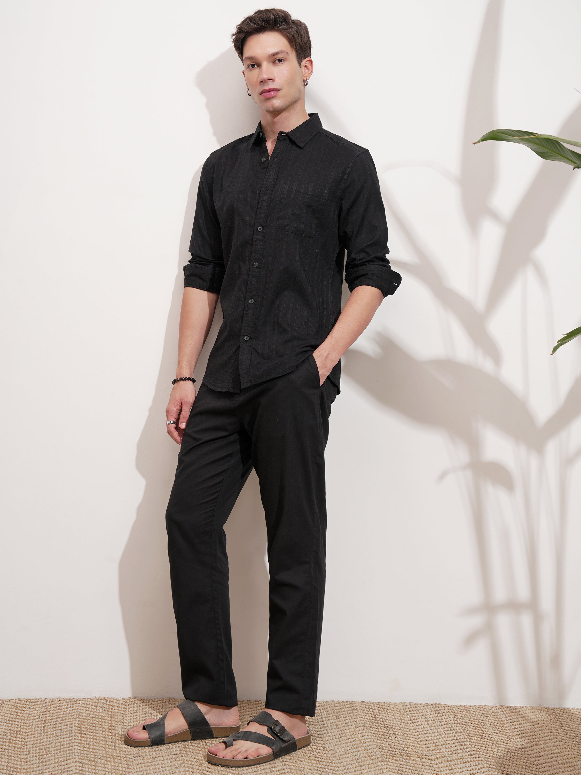Highlander Men Black Self Design Slim Fit Casual Shirt - Black - Image 2