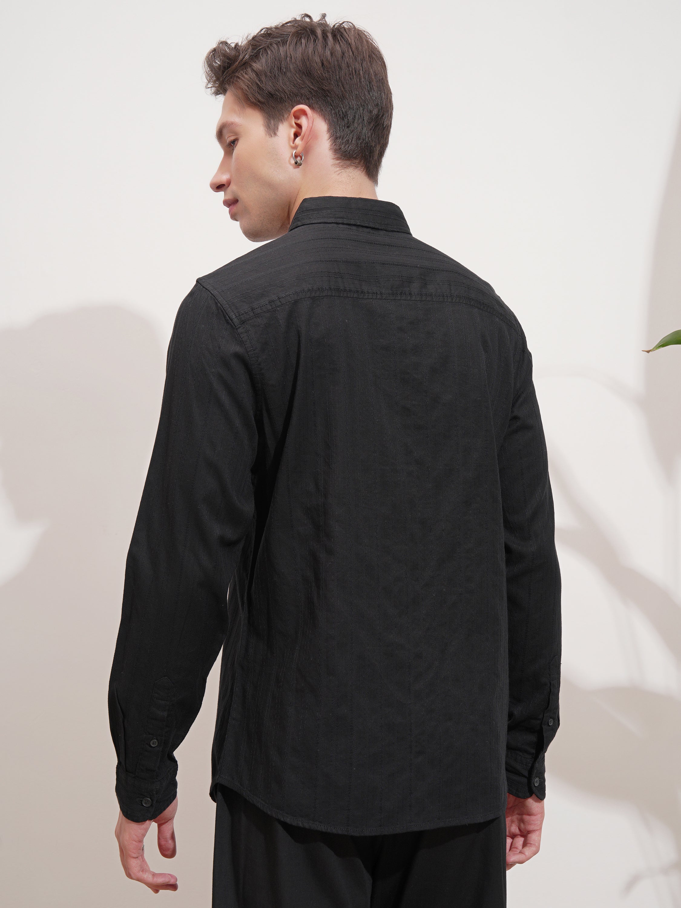 Highlander Men Black Self Design Slim Fit Casual Shirt - Black - Image 3