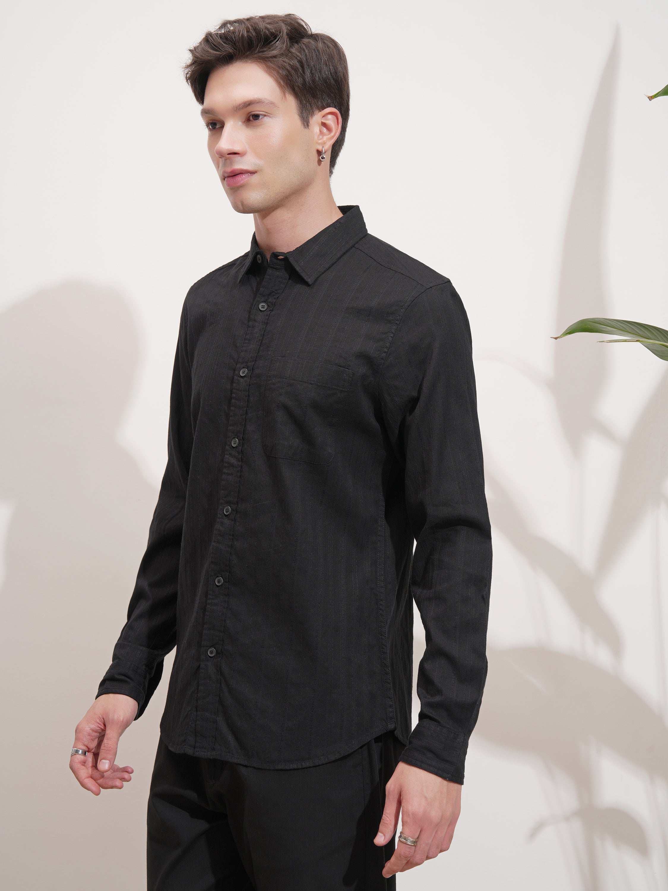 Highlander Men Black Self Design Slim Fit Casual Shirt - Black - Image 4