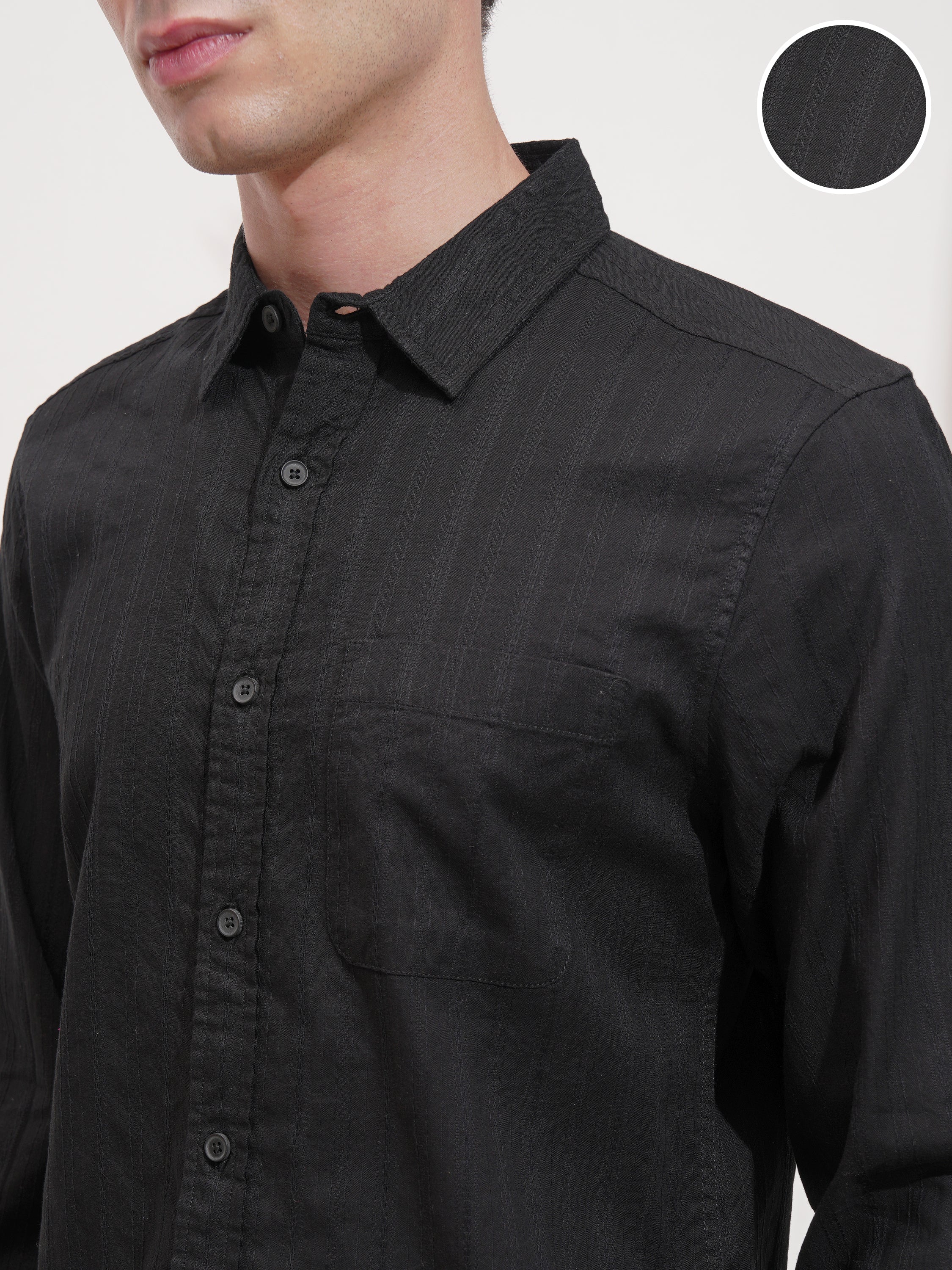 Highlander Men Black Self Design Slim Fit Casual Shirt - Black - Image 5