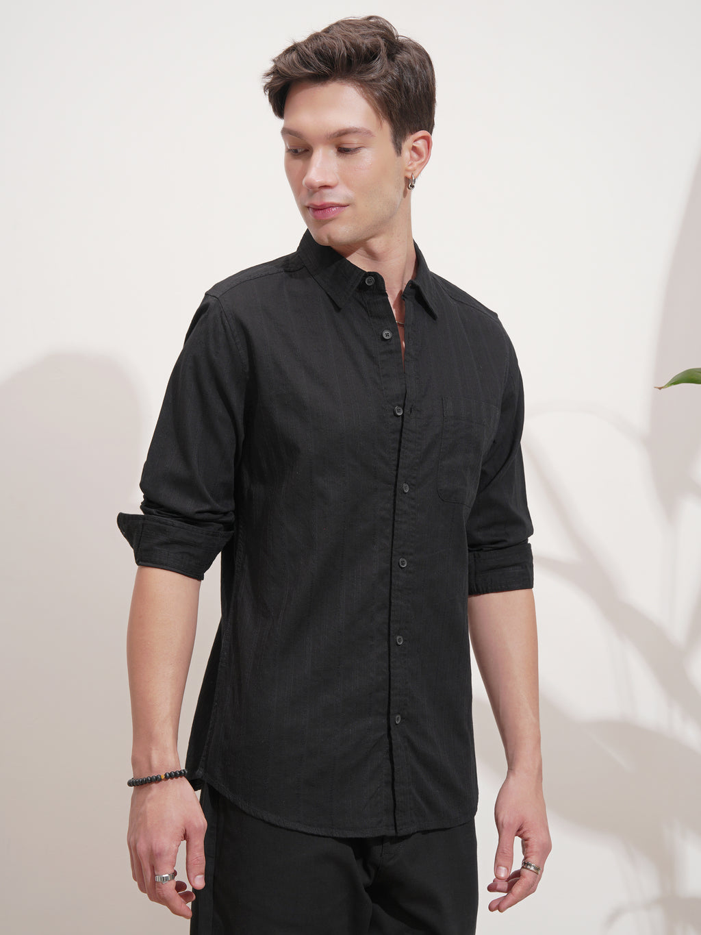 Highlander Men Black Self Design Slim Fit Casual Shirt - Black - Image 6