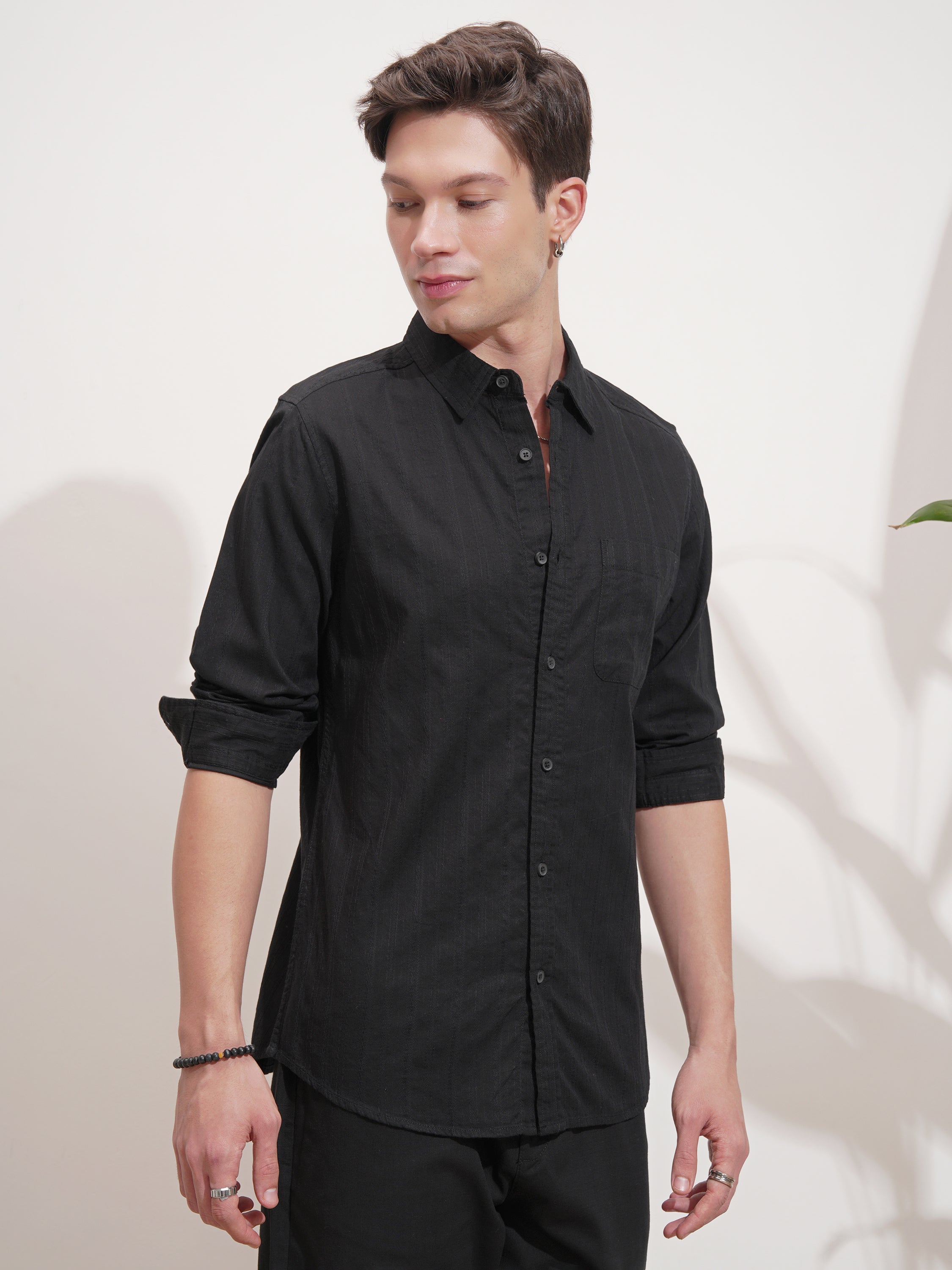Highlander Men Black Self Design Slim Fit Casual Shirt - Black - Image 6