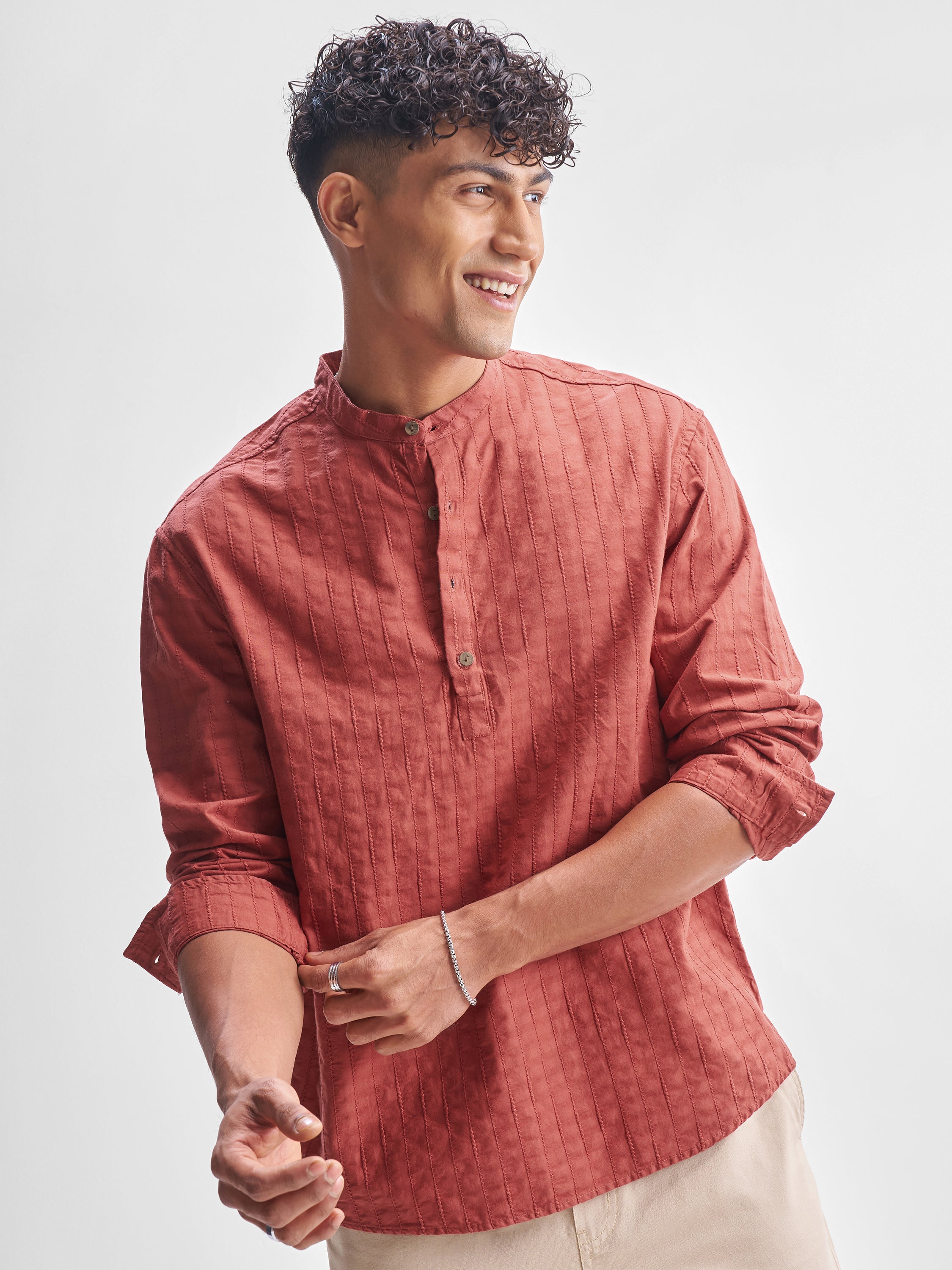 Highlander Men Coral Self Design Relaxed Fit Casual Shirt - Coral - Image 1