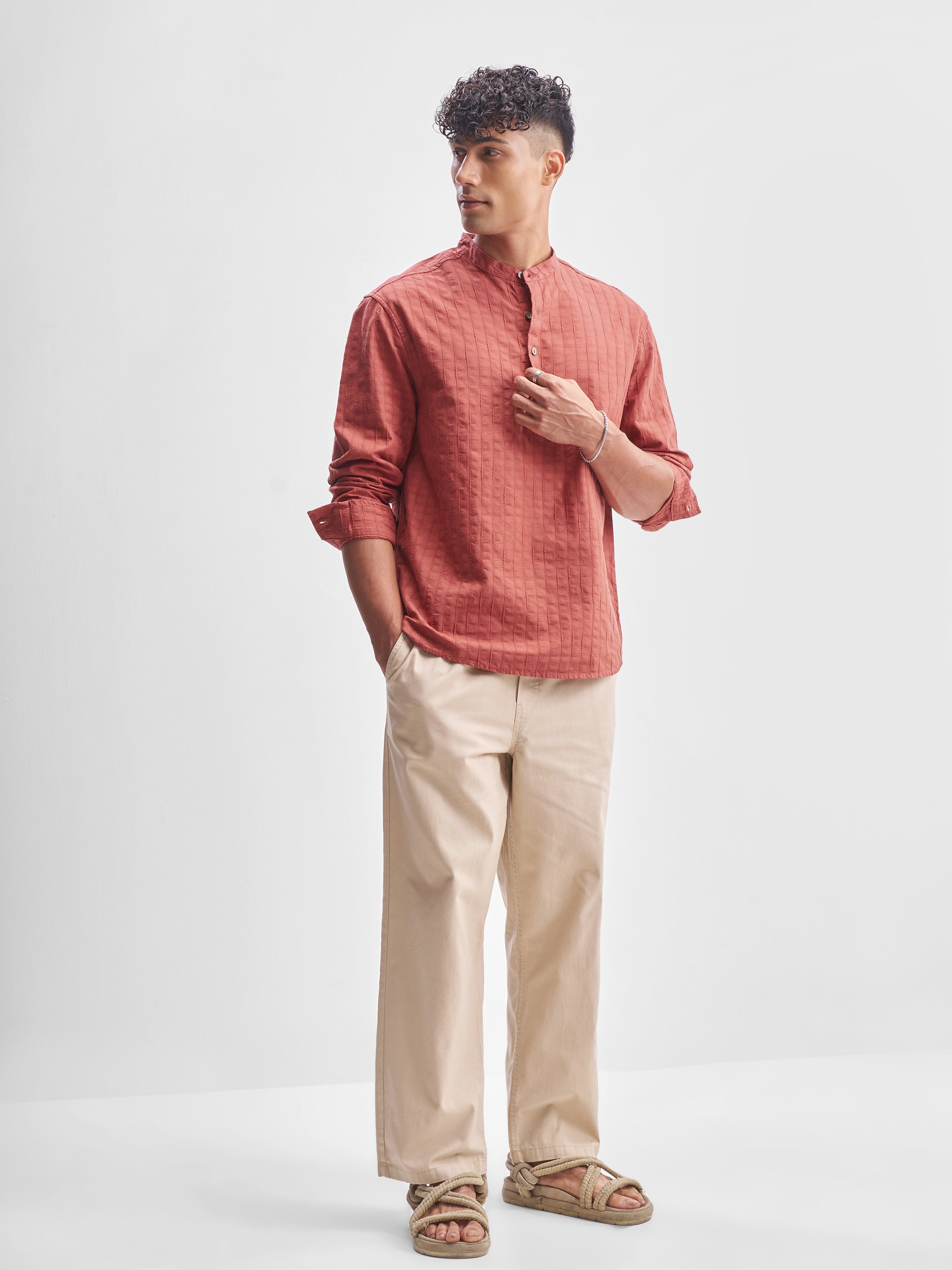 Highlander Men Coral Self Design Relaxed Fit Casual Shirt - Coral - Image 2