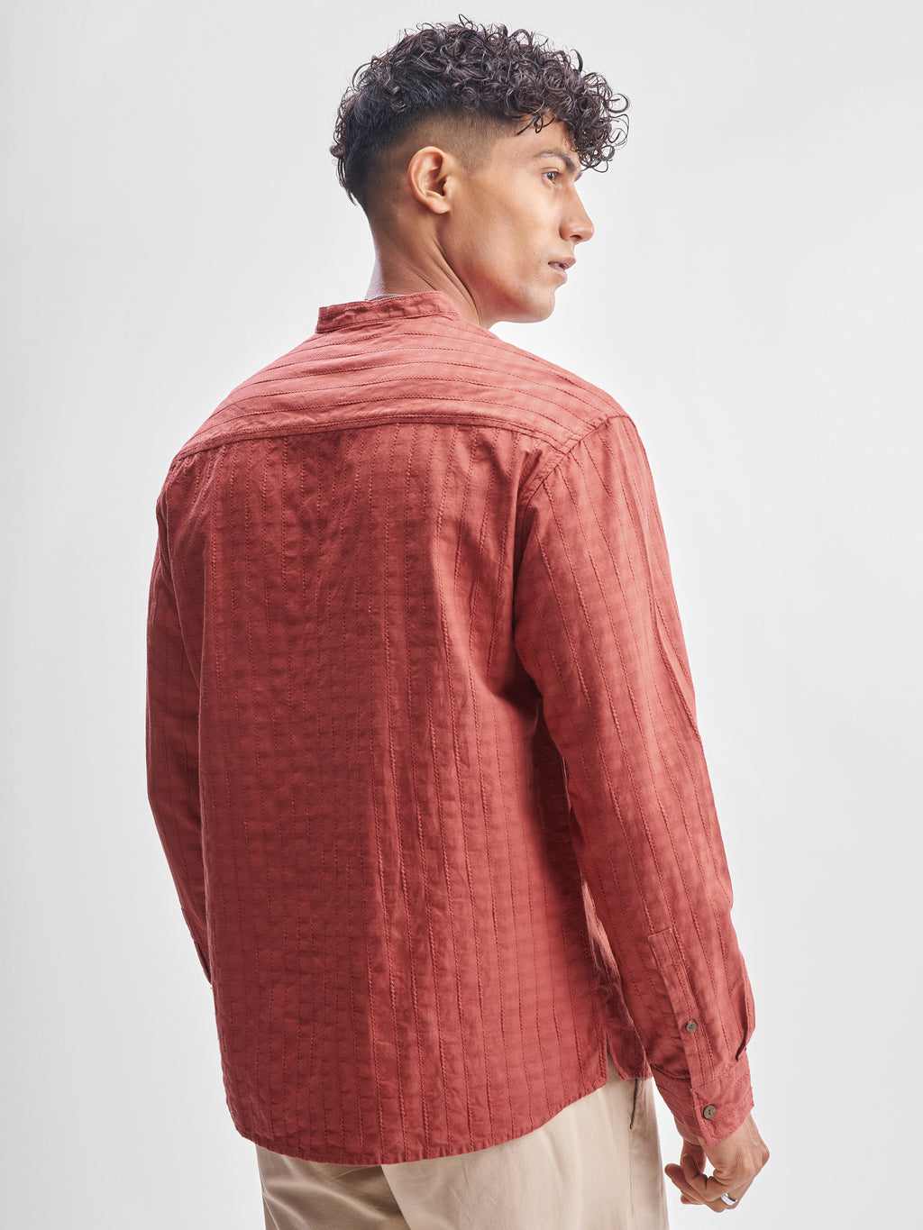 Highlander Men Coral Self Design Relaxed Fit Casual Shirt - Coral - Image 3