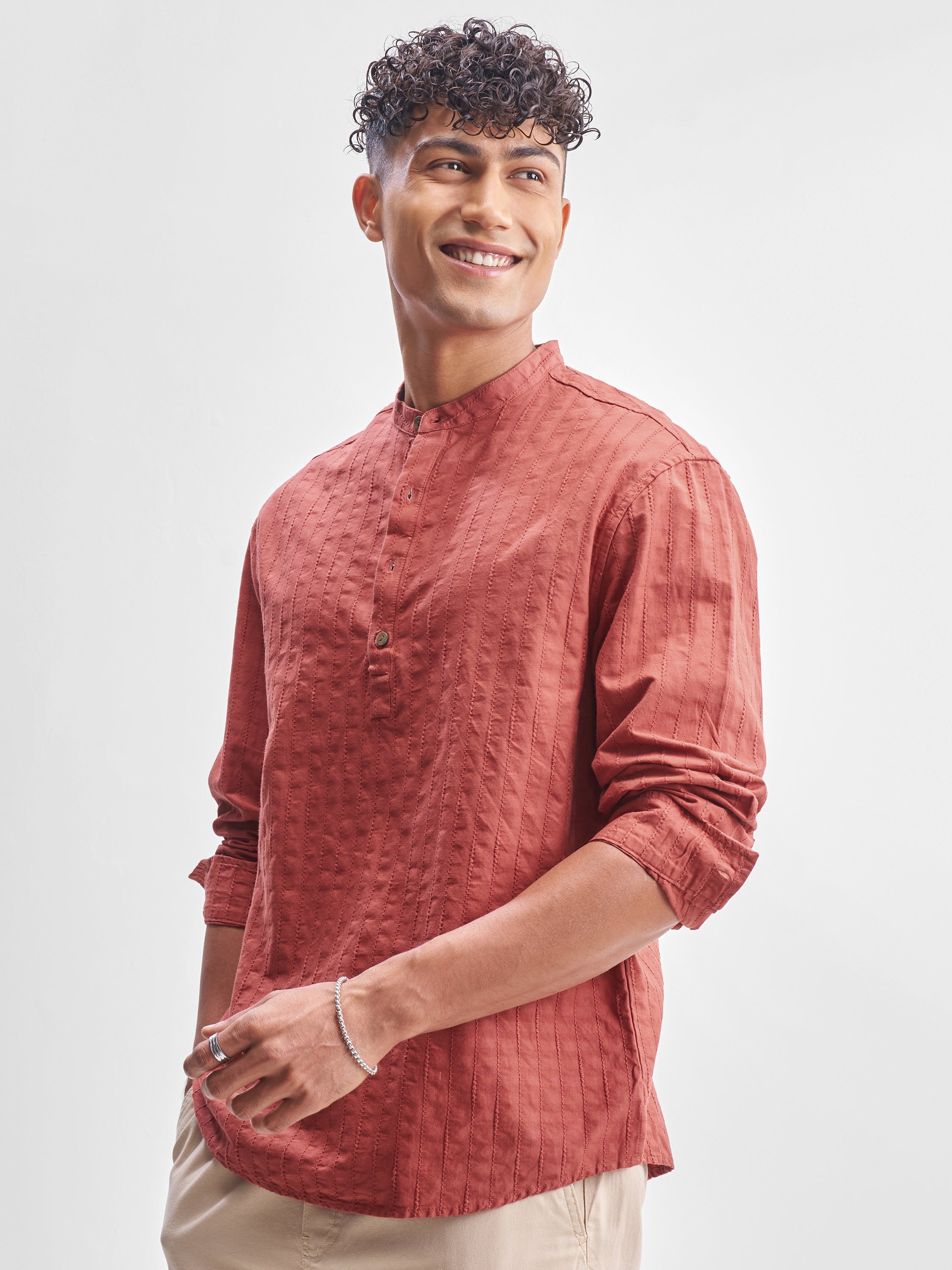 Highlander Men Coral Self Design Relaxed Fit Casual Shirt - Coral - Image 4
