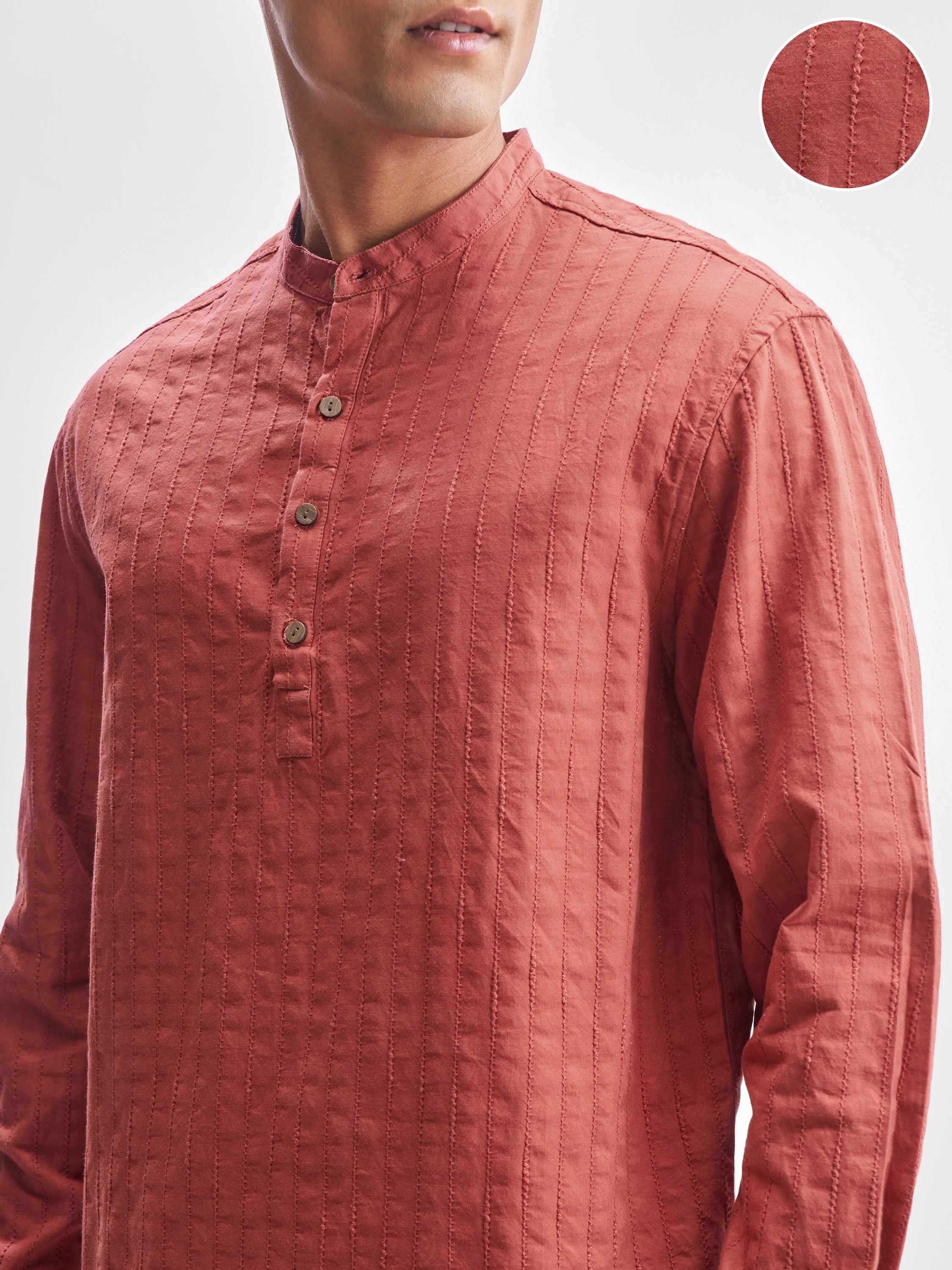 Highlander Men Coral Self Design Relaxed Fit Casual Shirt - Coral - Image 5