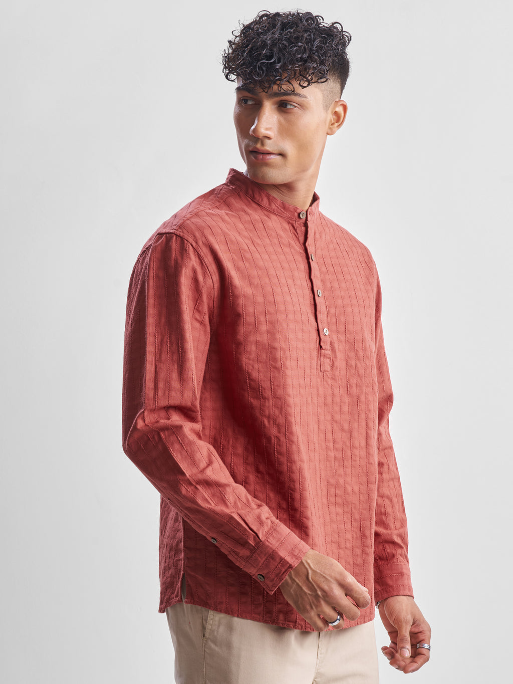Highlander Men Coral Self Design Relaxed Fit Casual Shirt - Coral - Image 6