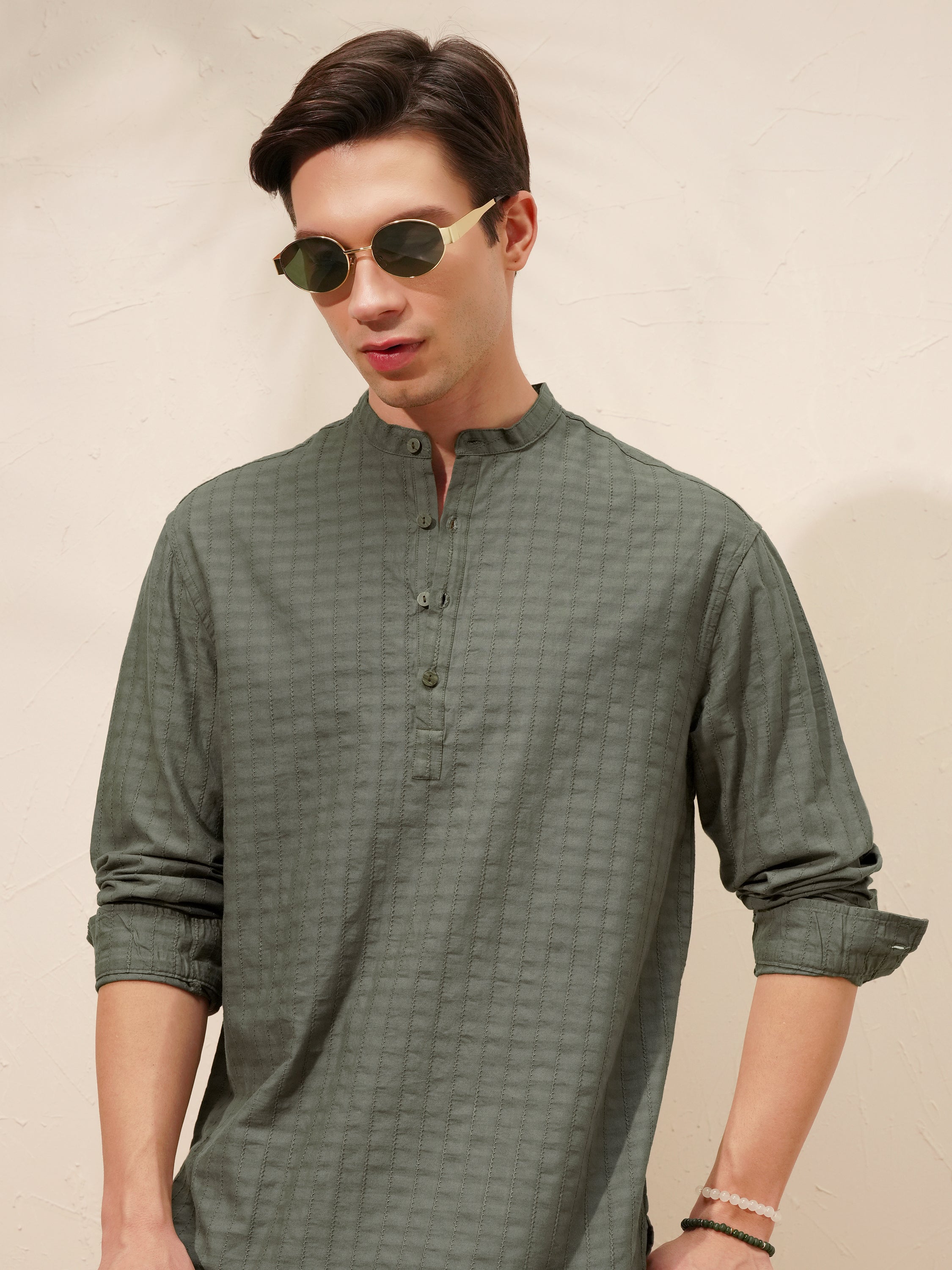Highlander Men Olive Self Design Relaxed Fit Casual Shirt - Olive - Image 1