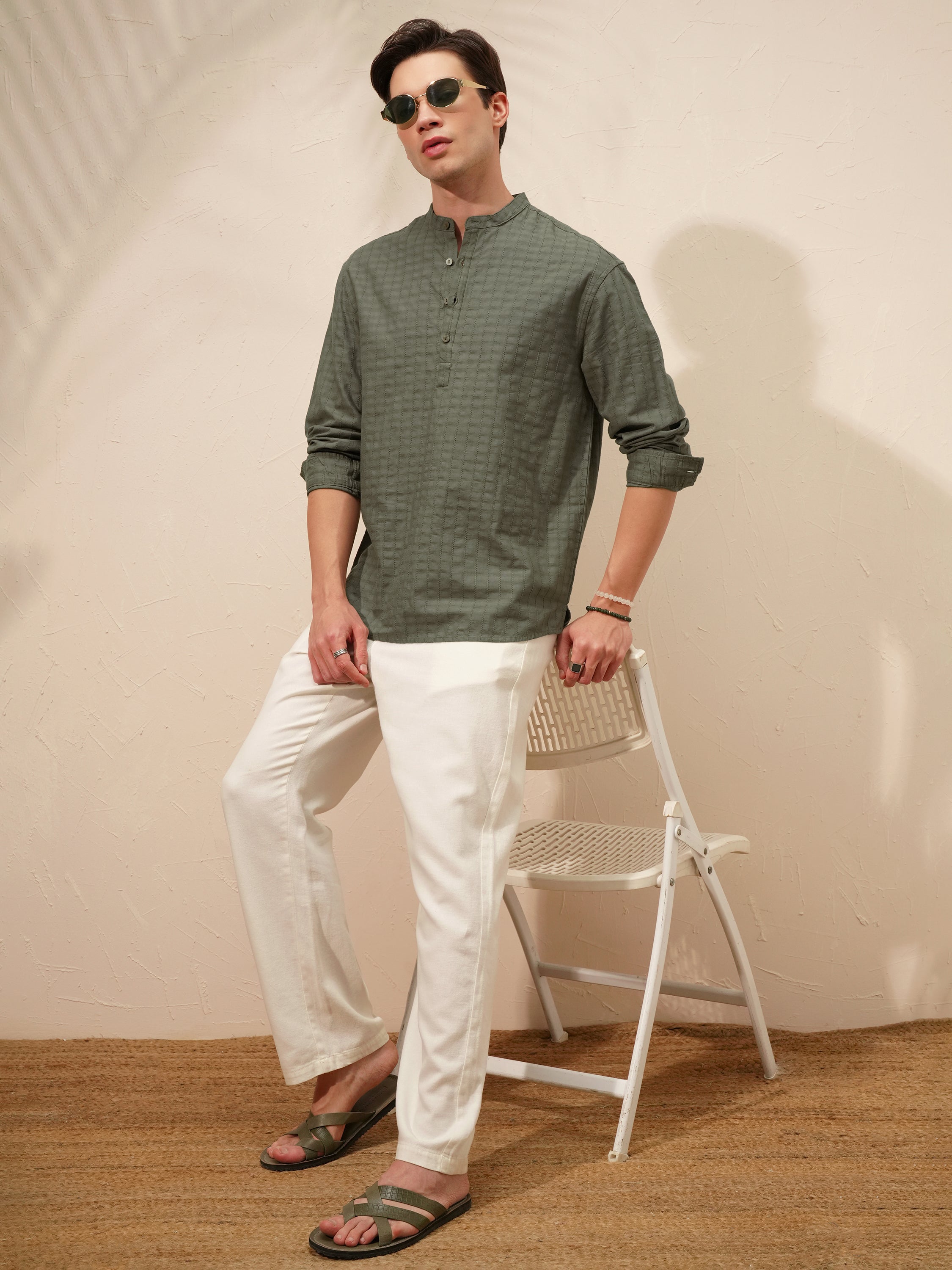 Highlander Men Olive Self Design Relaxed Fit Casual Shirt - Olive - Image 2
