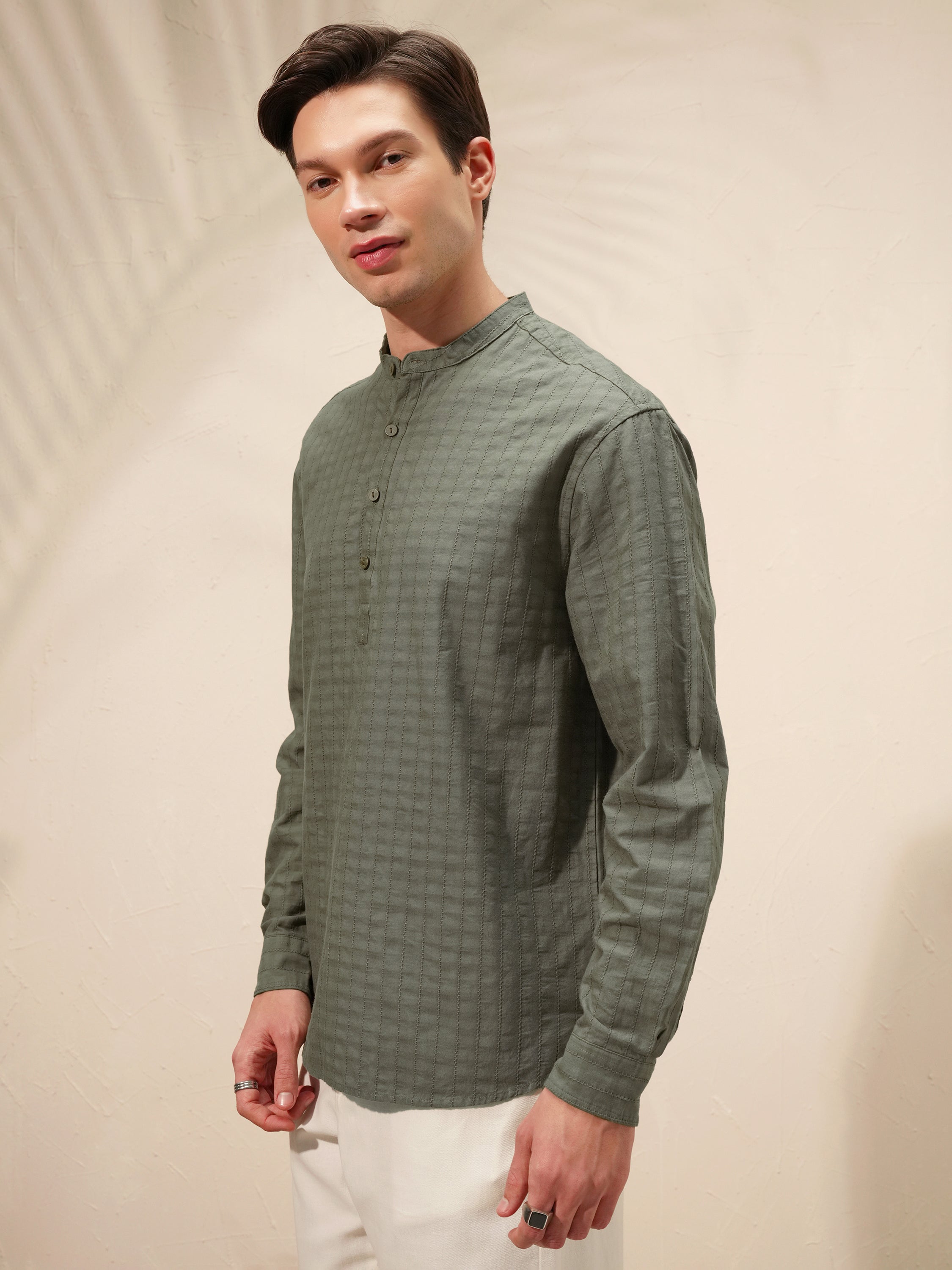 Highlander Men Olive Self Design Relaxed Fit Casual Shirt - Olive - Image 4