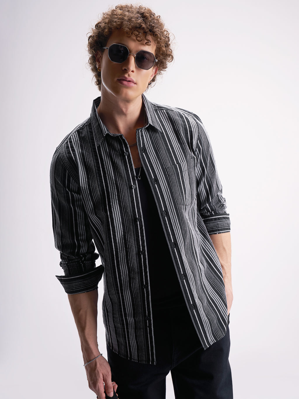 Highlander Men Black Striped Slim Fit Casual Shirt - Black - Image 1