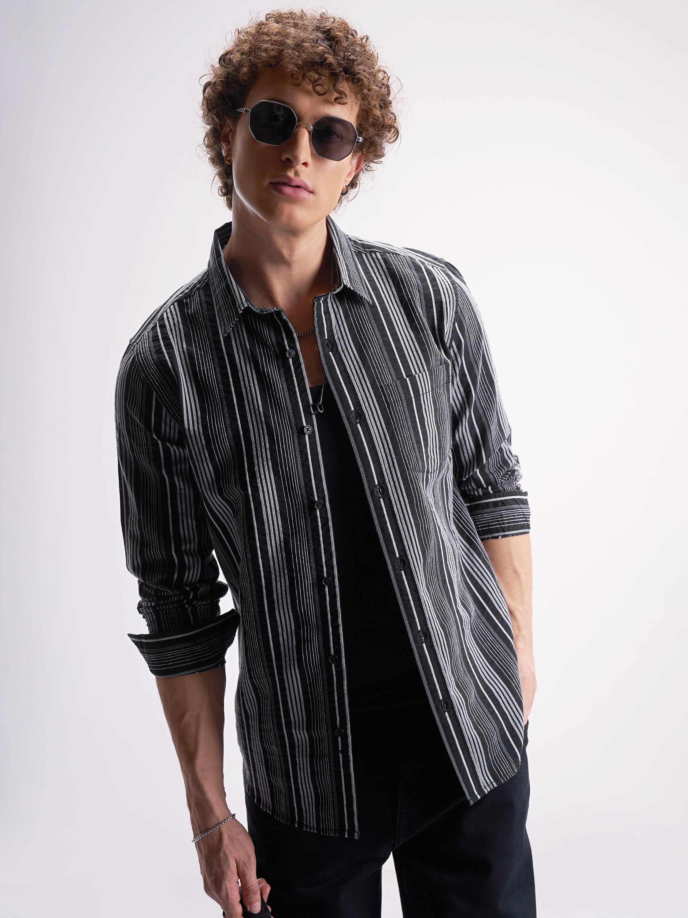 Highlander Men Black Striped Slim Fit Casual Shirt - Black - Image 1