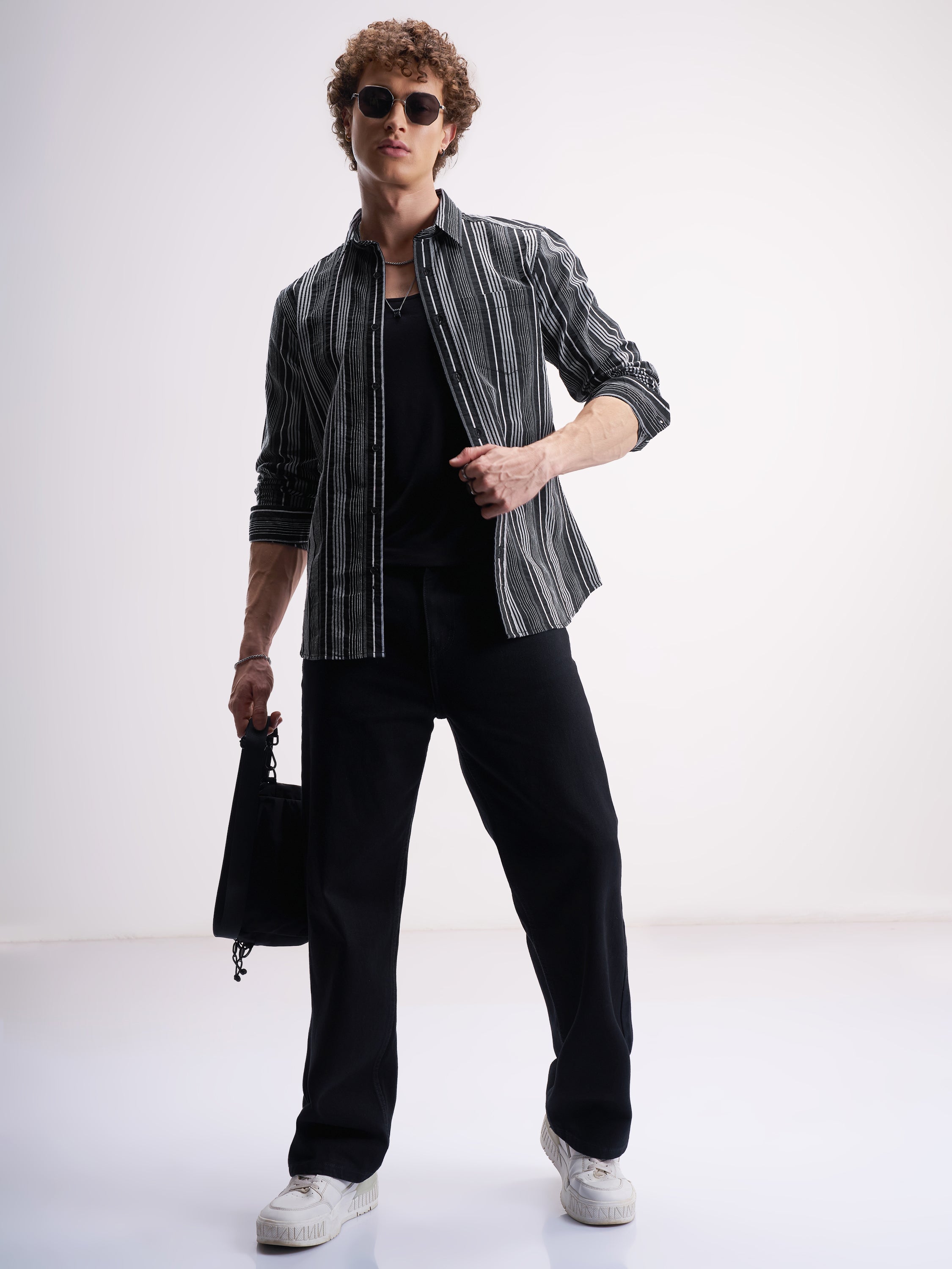 Highlander Men Black Striped Slim Fit Casual Shirt - Black - Image 2