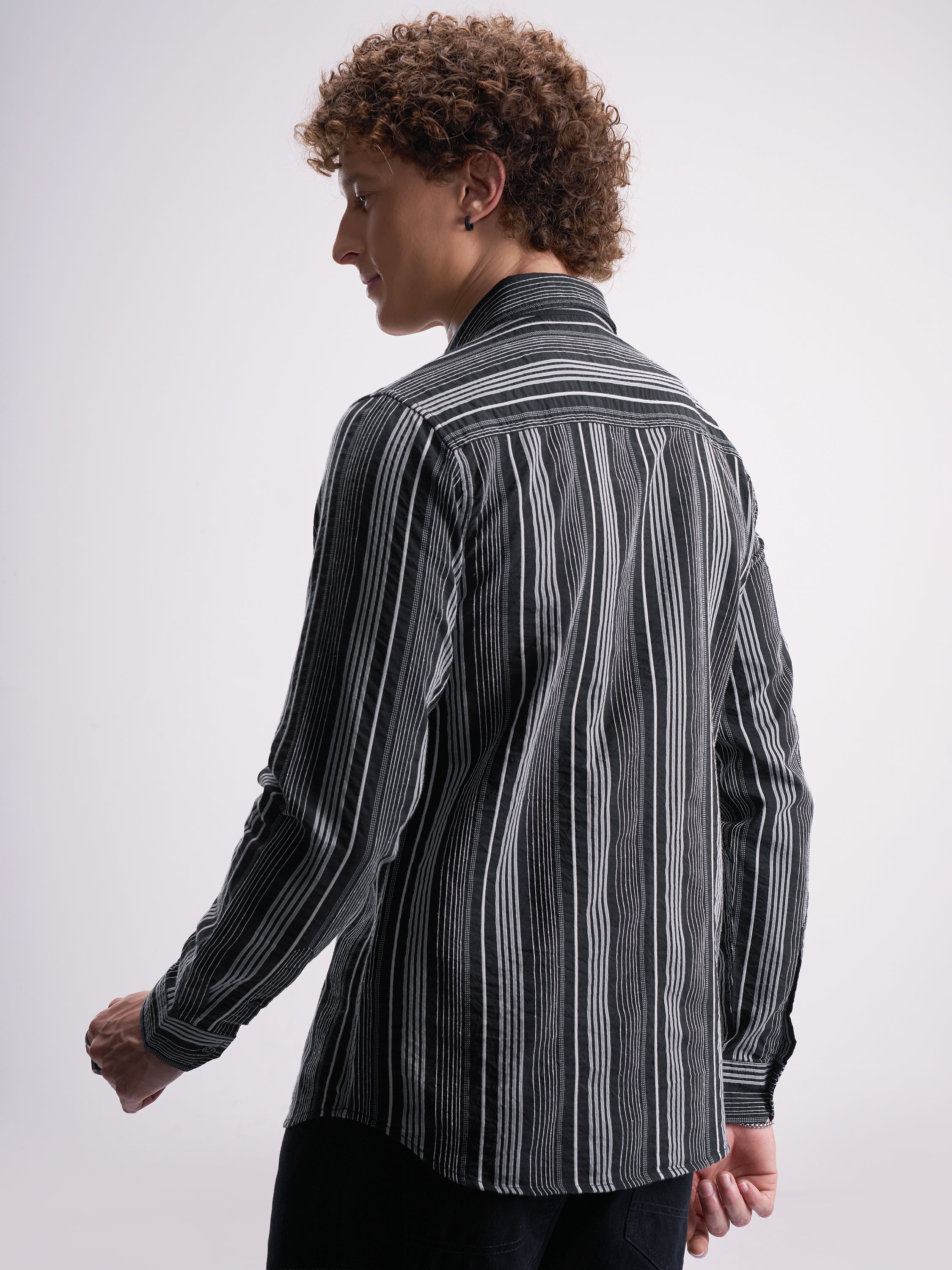 Highlander Men Black Striped Slim Fit Casual Shirt - Black - Image 3