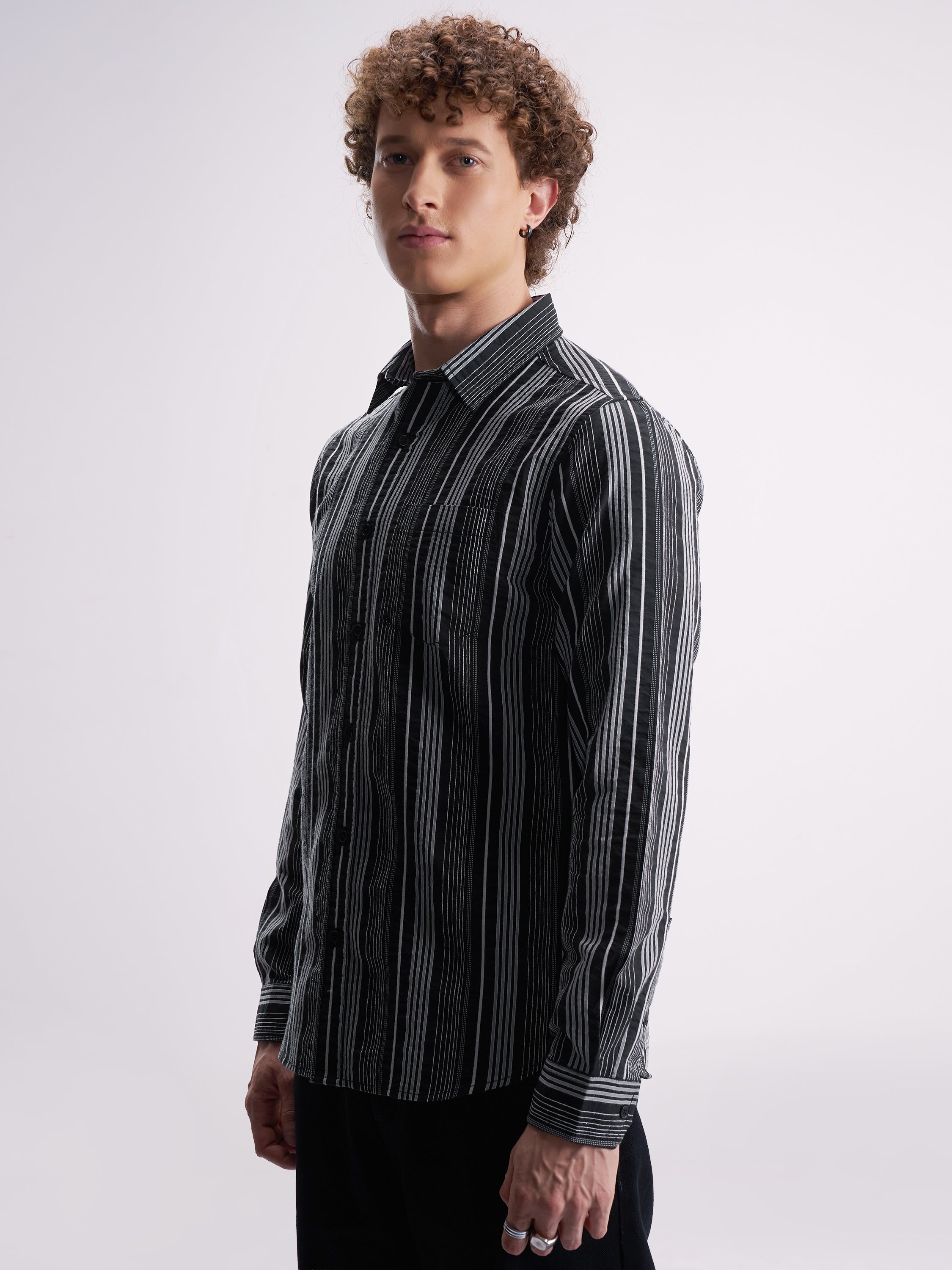 Highlander Men Black Striped Slim Fit Casual Shirt - Black - Image 4