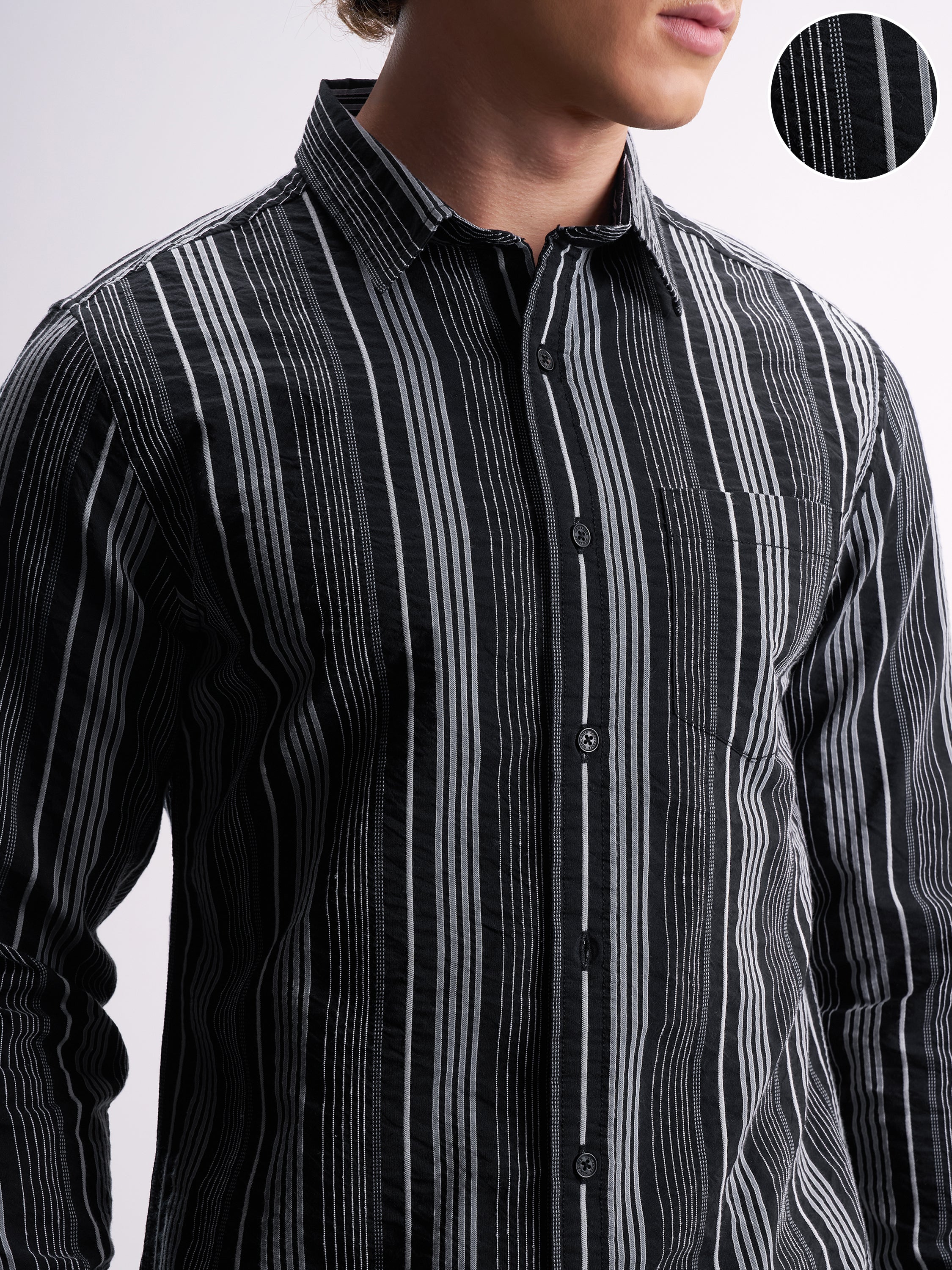 Highlander Men Black Striped Slim Fit Casual Shirt - Black - Image 5