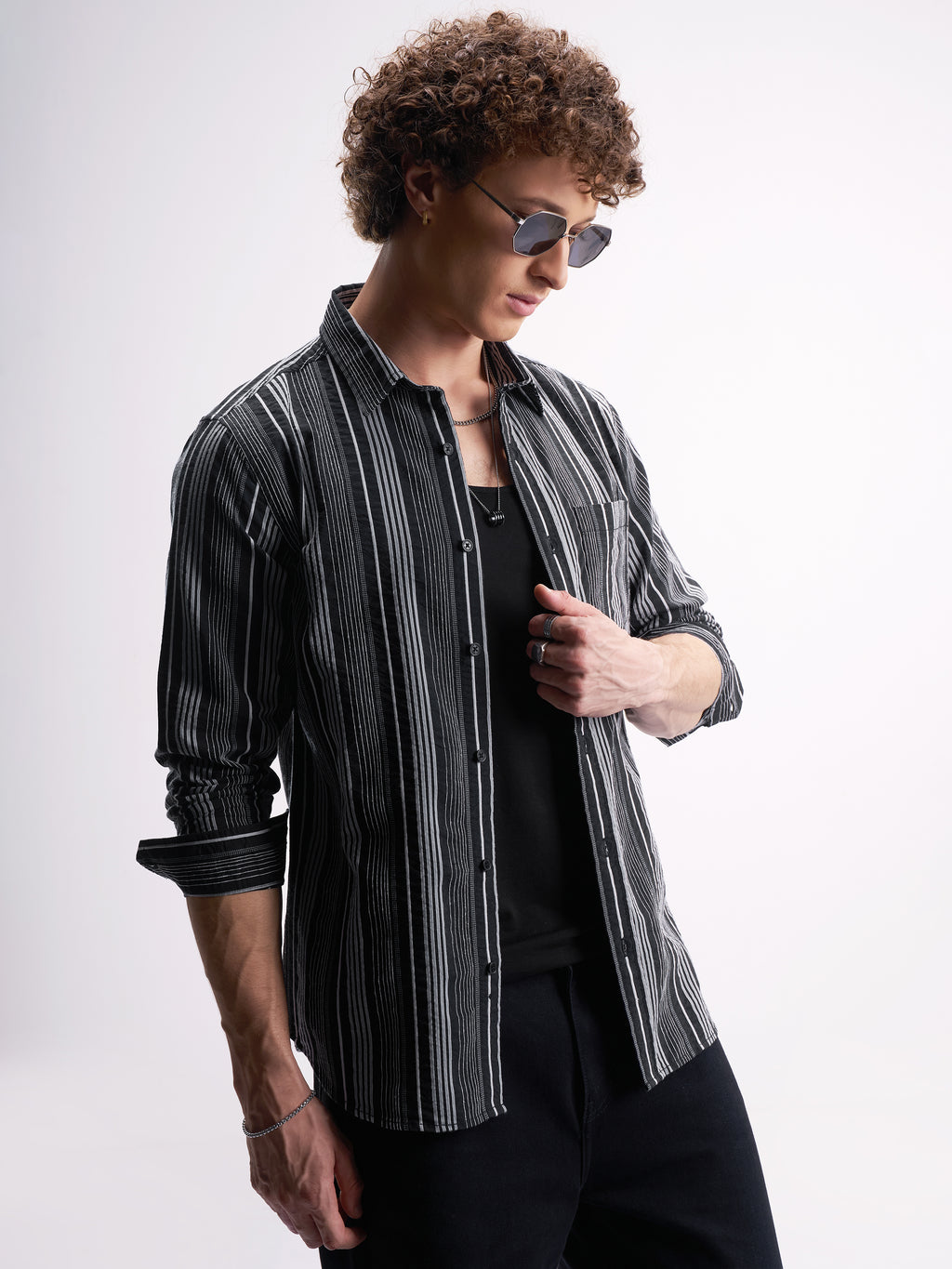 Highlander Men Black Striped Slim Fit Casual Shirt - Black - Image 6