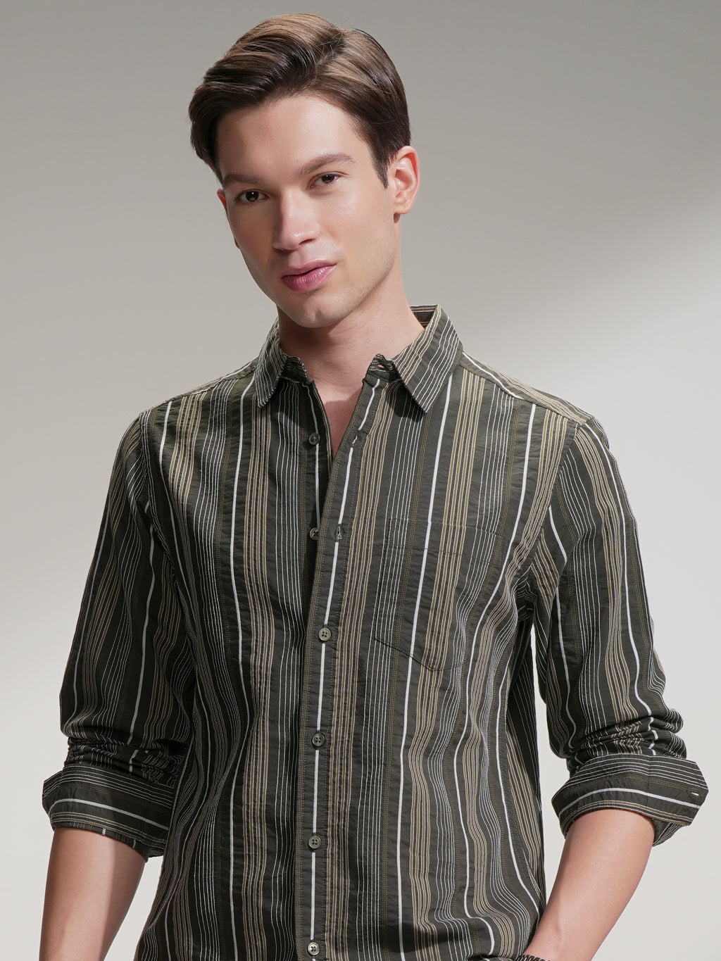 Highlander Men Olive Striped Slim Fit Casual Shirt - Olive - Image 1