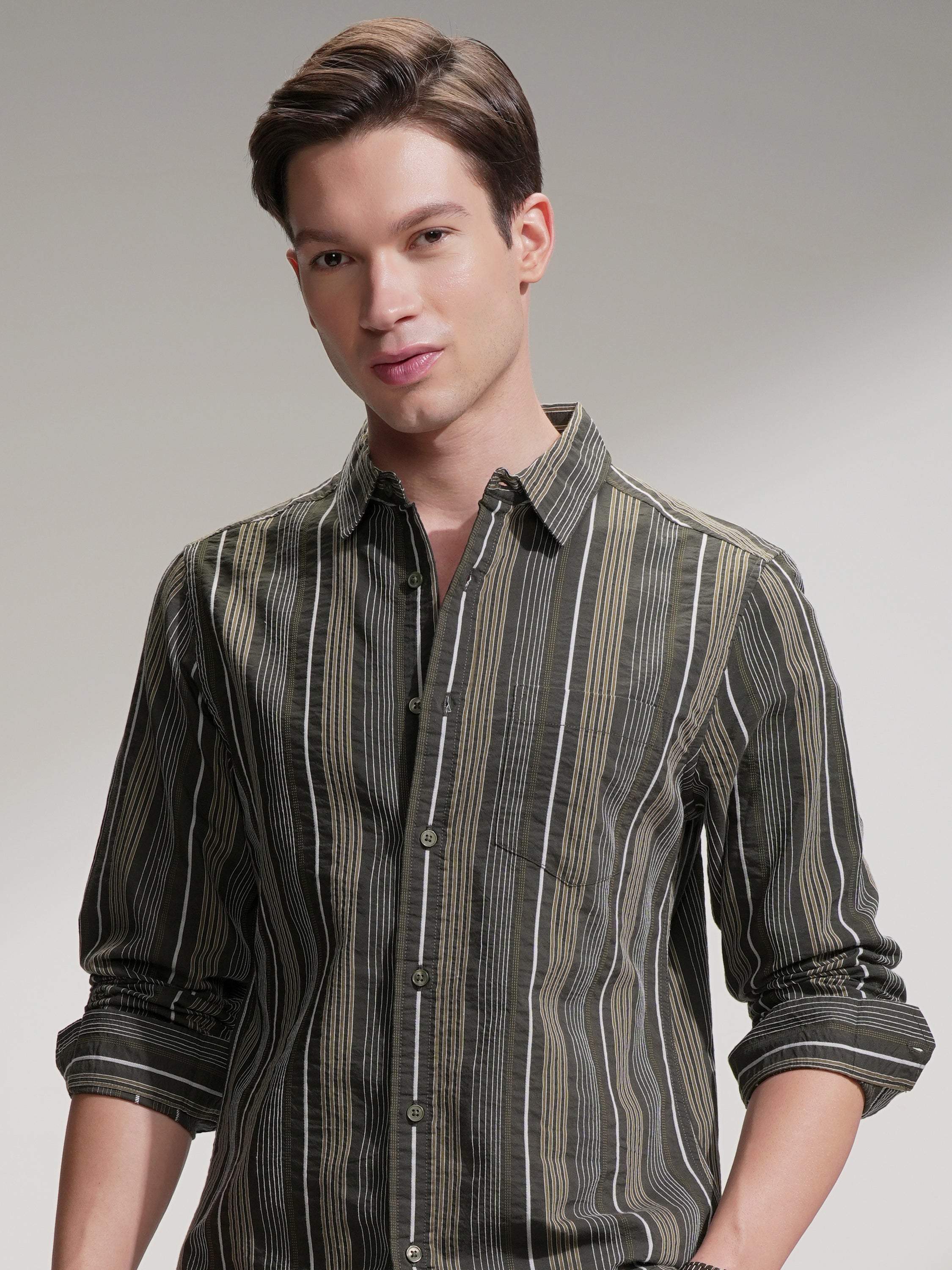 Highlander Men Olive Striped Slim Fit Casual Shirt - Olive - Image 1
