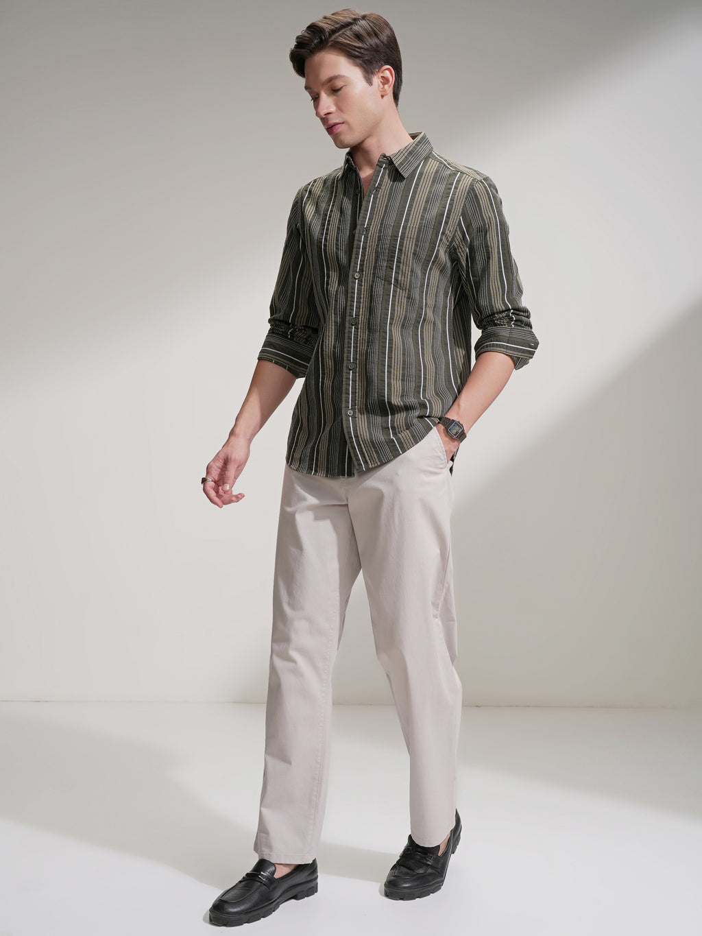 Highlander Men Olive Striped Slim Fit Casual Shirt - Olive - Image 2