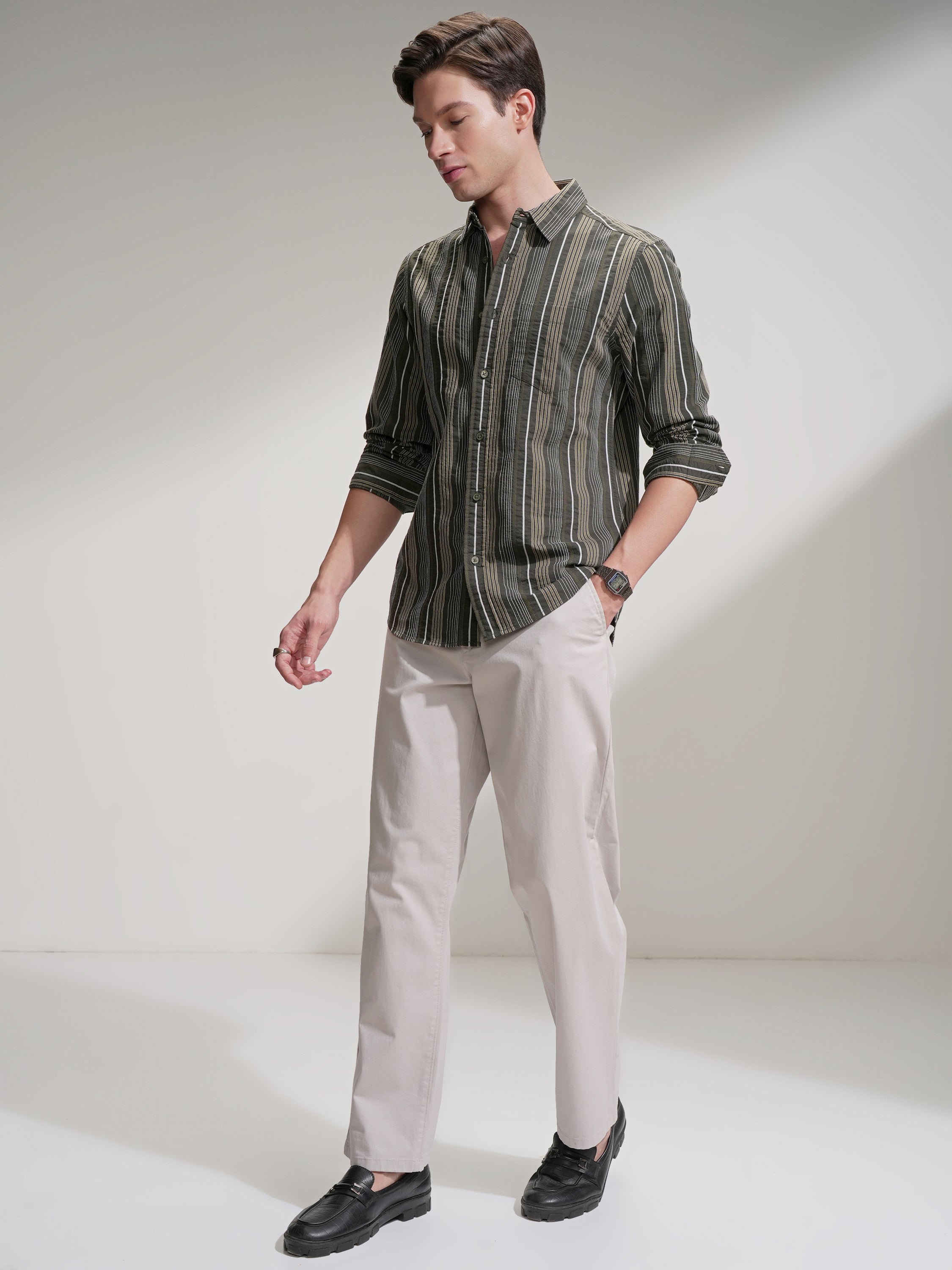 Highlander Men Olive Striped Slim Fit Casual Shirt - Olive - Image 2
