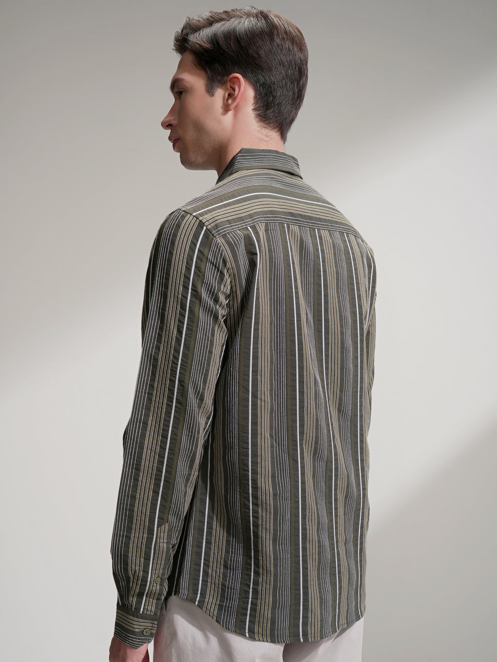 Highlander Men Olive Striped Slim Fit Casual Shirt - Olive - Image 3