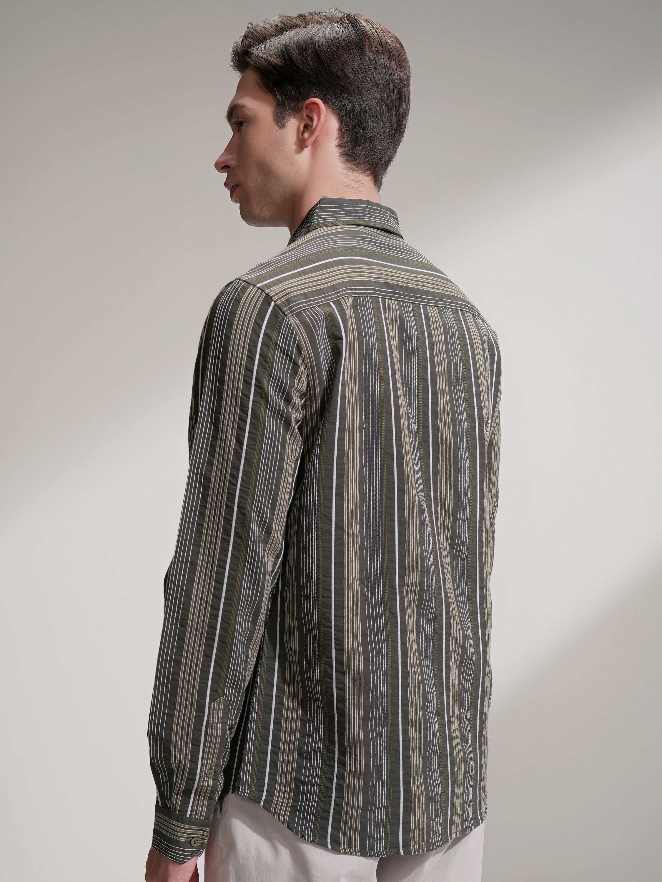 Highlander Men Olive Striped Slim Fit Casual Shirt - Olive - Image 3