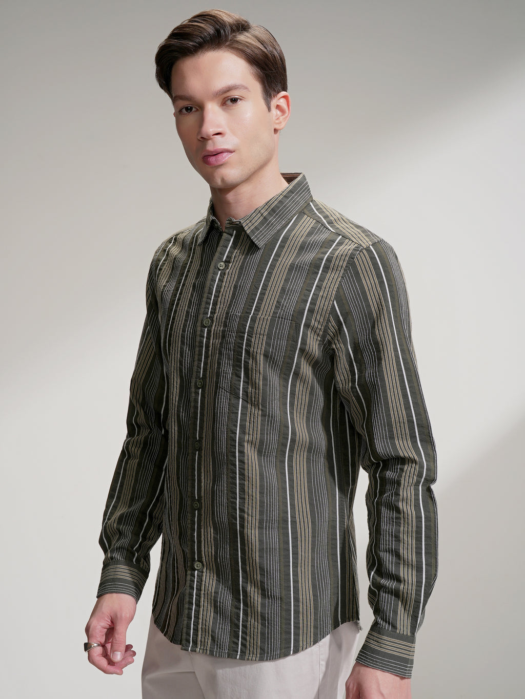 Highlander Men Olive Striped Slim Fit Casual Shirt - Olive - Image 4