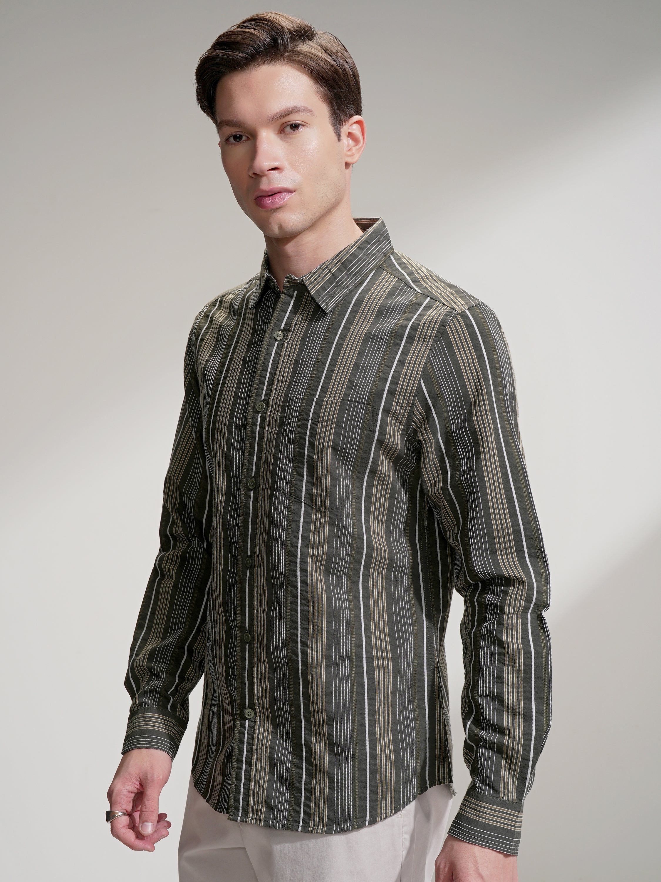 Highlander Men Olive Striped Slim Fit Casual Shirt - Olive - Image 4