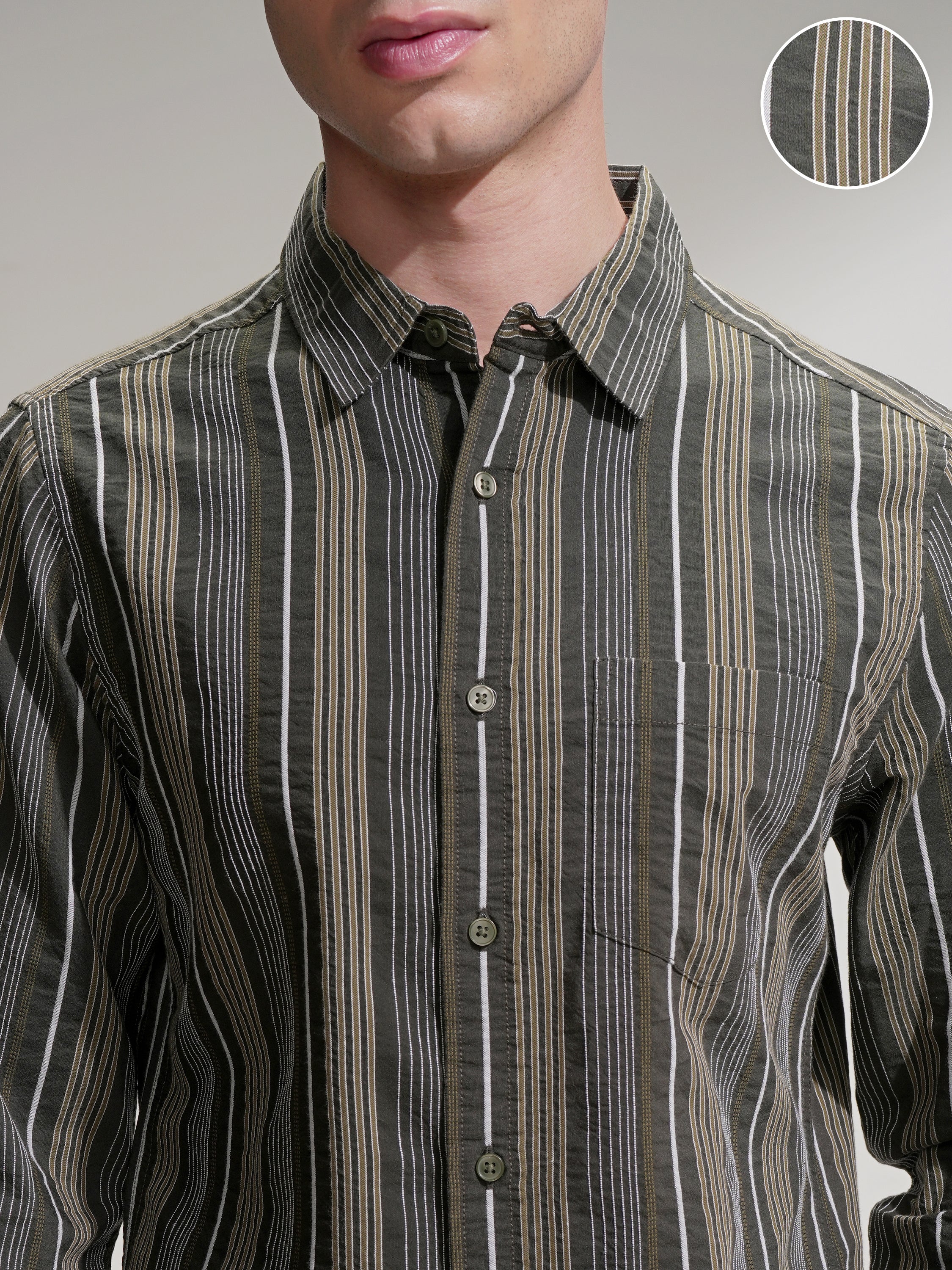 Highlander Men Olive Striped Slim Fit Casual Shirt - Olive - Image 5