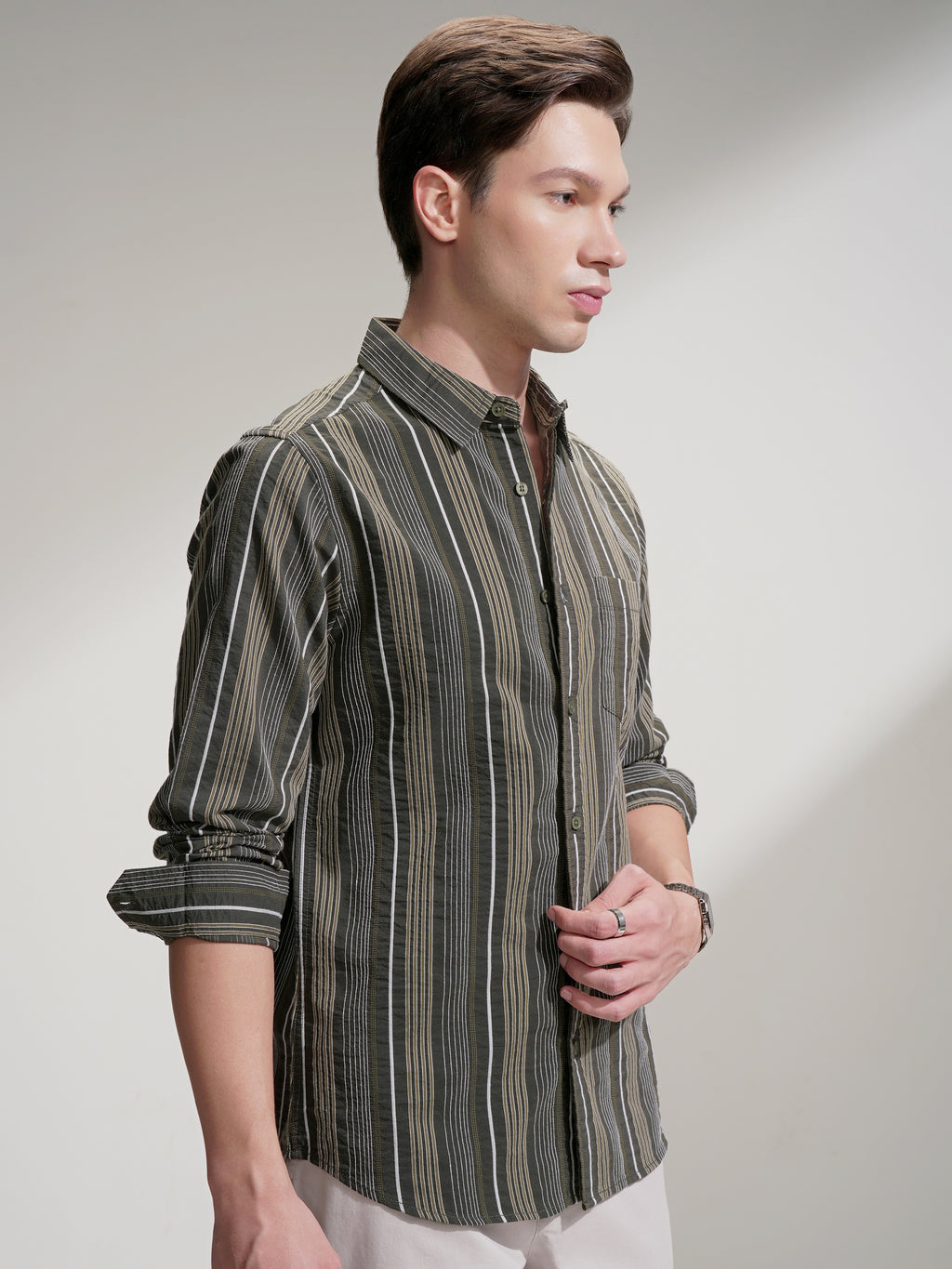 Highlander Men Olive Striped Slim Fit Casual Shirt - Olive - Image 6