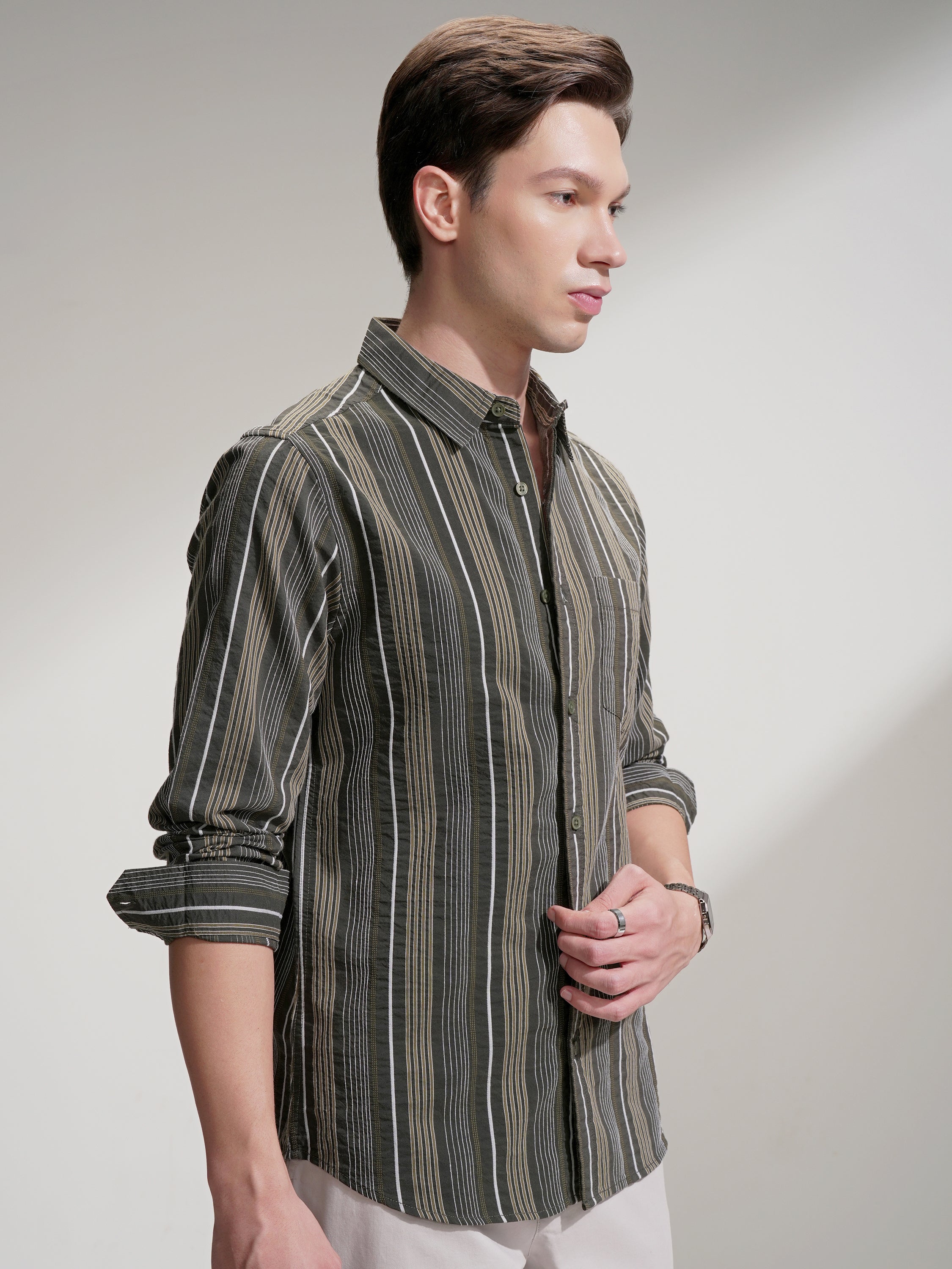 Highlander Men Olive Striped Slim Fit Casual Shirt - Olive - Image 6
