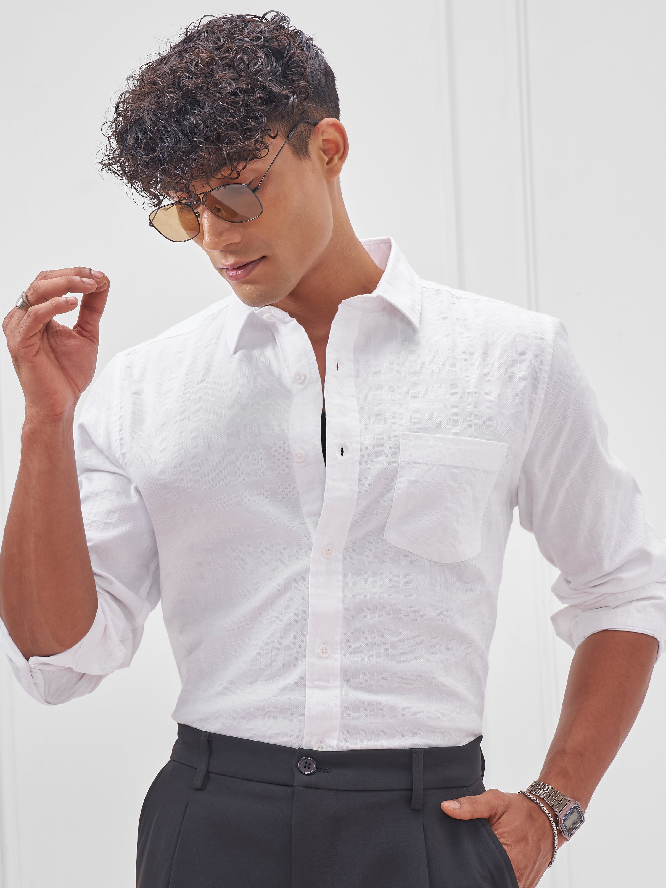 Highlander Men White Self Design Slim Fit Casual Shirt - White - Image 1