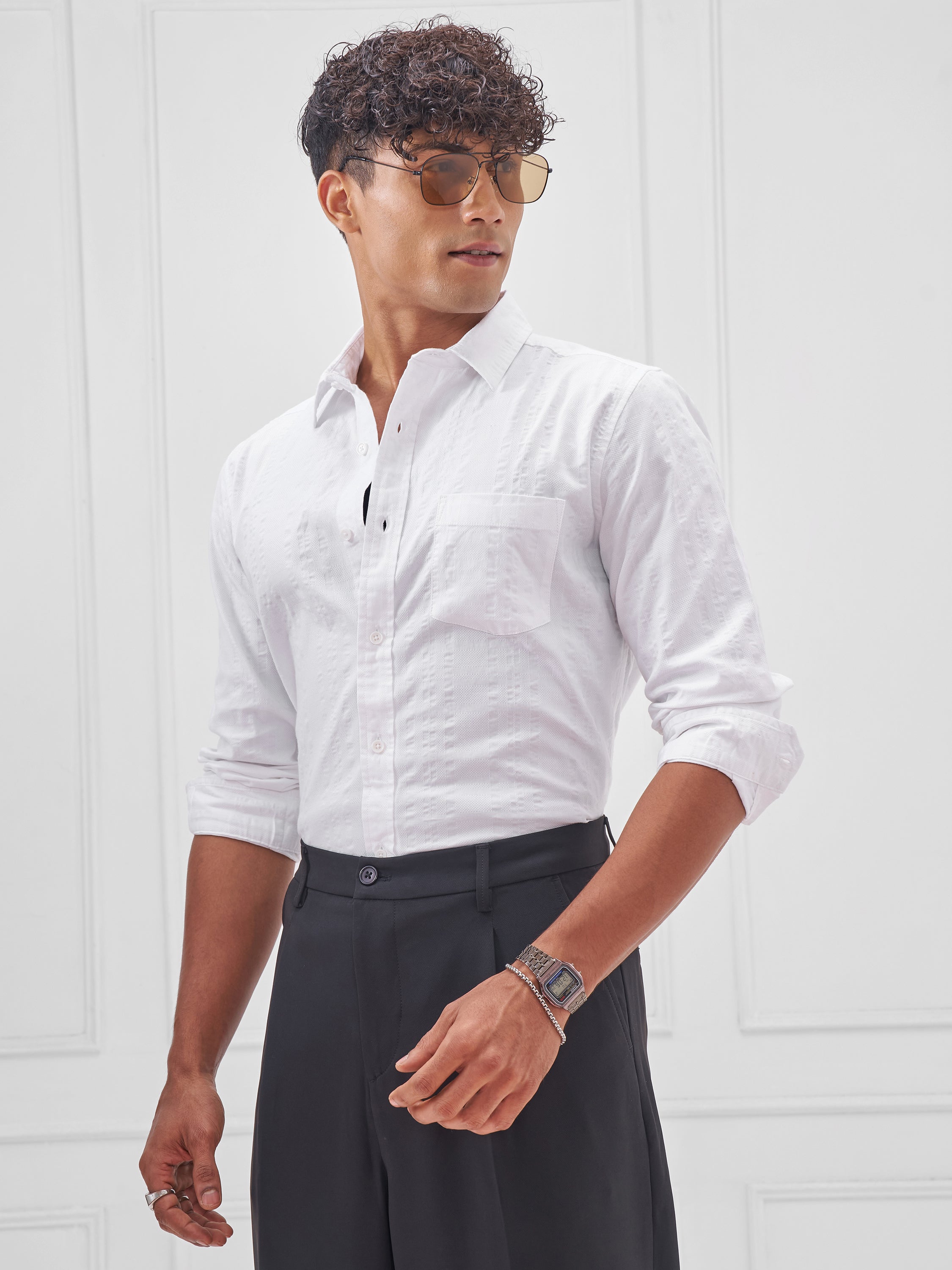 Highlander Men White Self Design Slim Fit Casual Shirt - White - Image 4